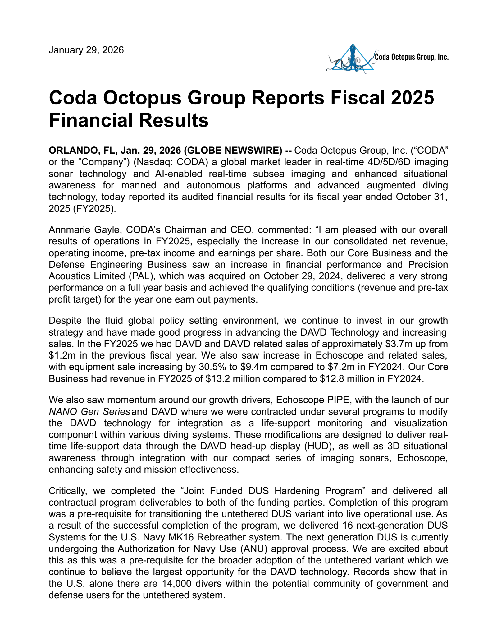 Coda Octopus Group's Q4 2025 Press Release