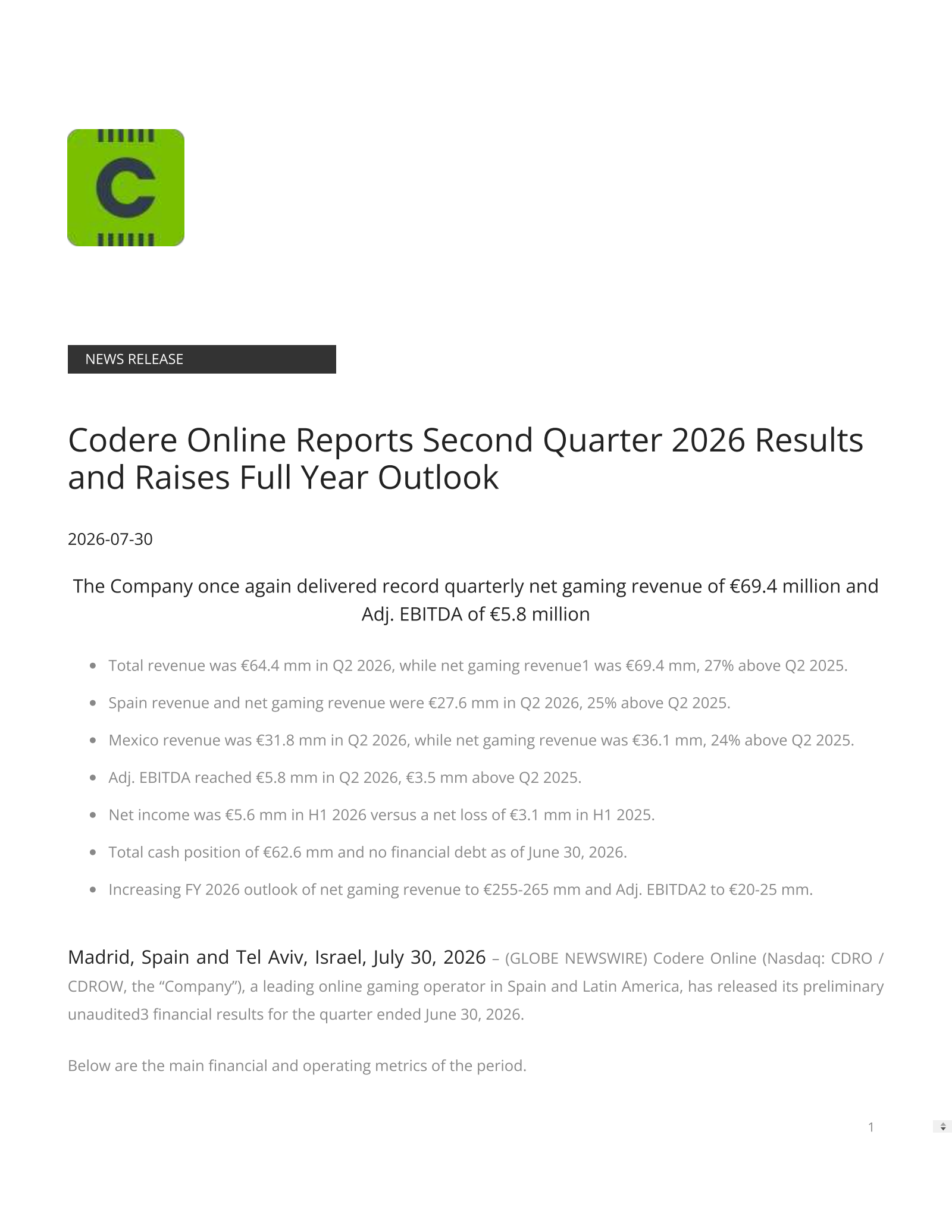 Codere Online Luxembourg's Q2 2026 Press Release