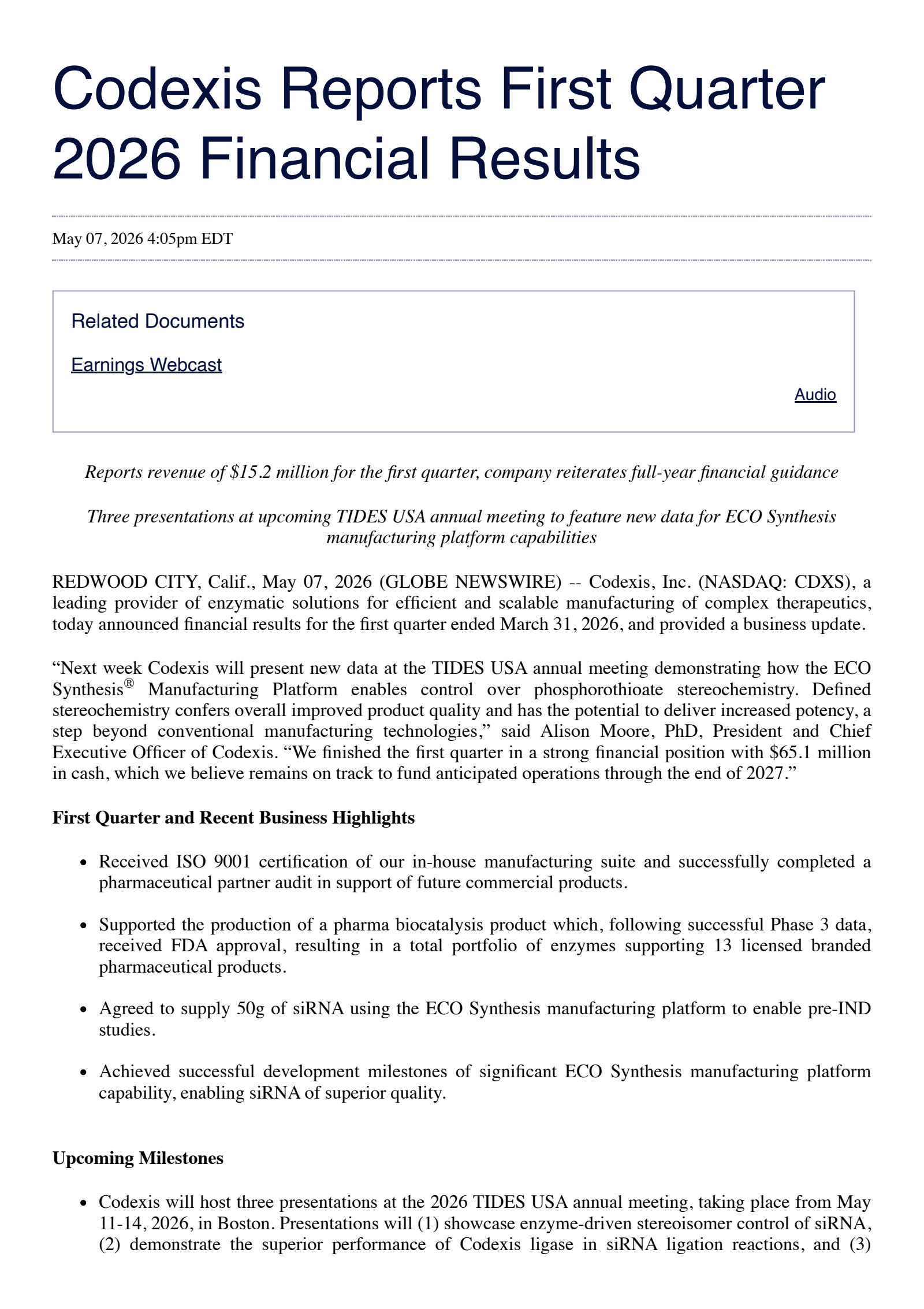 Codexis' Q1 2026 Press Release
