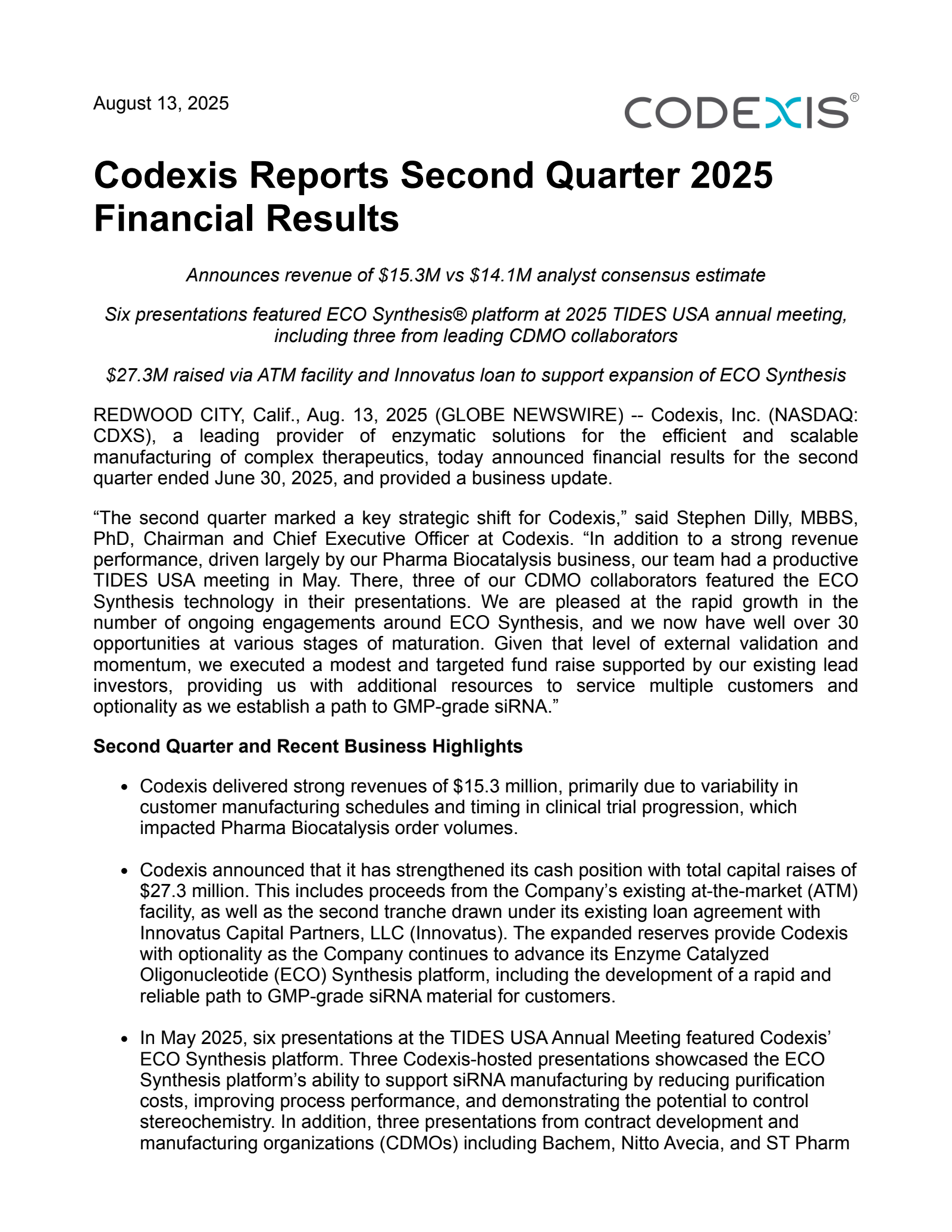 Codexis' Q2 2025 Press Release