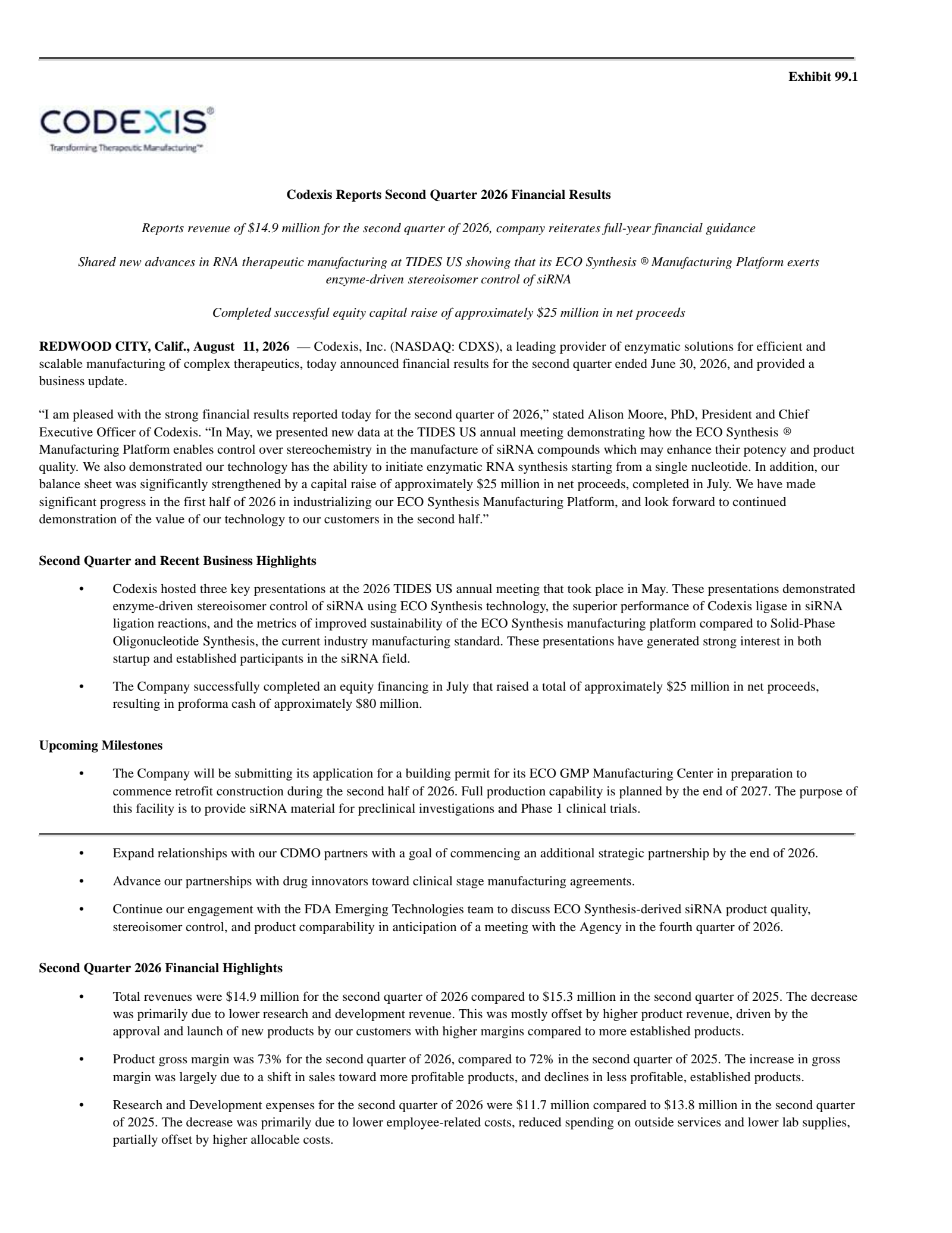 Codexis' Q2 2026 Press Release