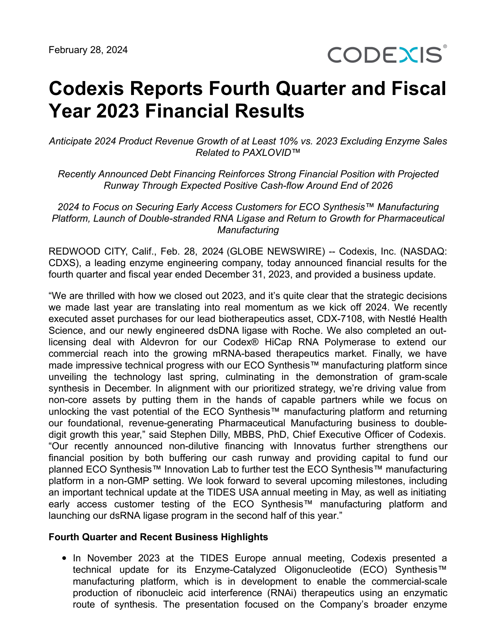 Codexis Stock CDXS Q4 2023 Earnings Report on 2/28/2024