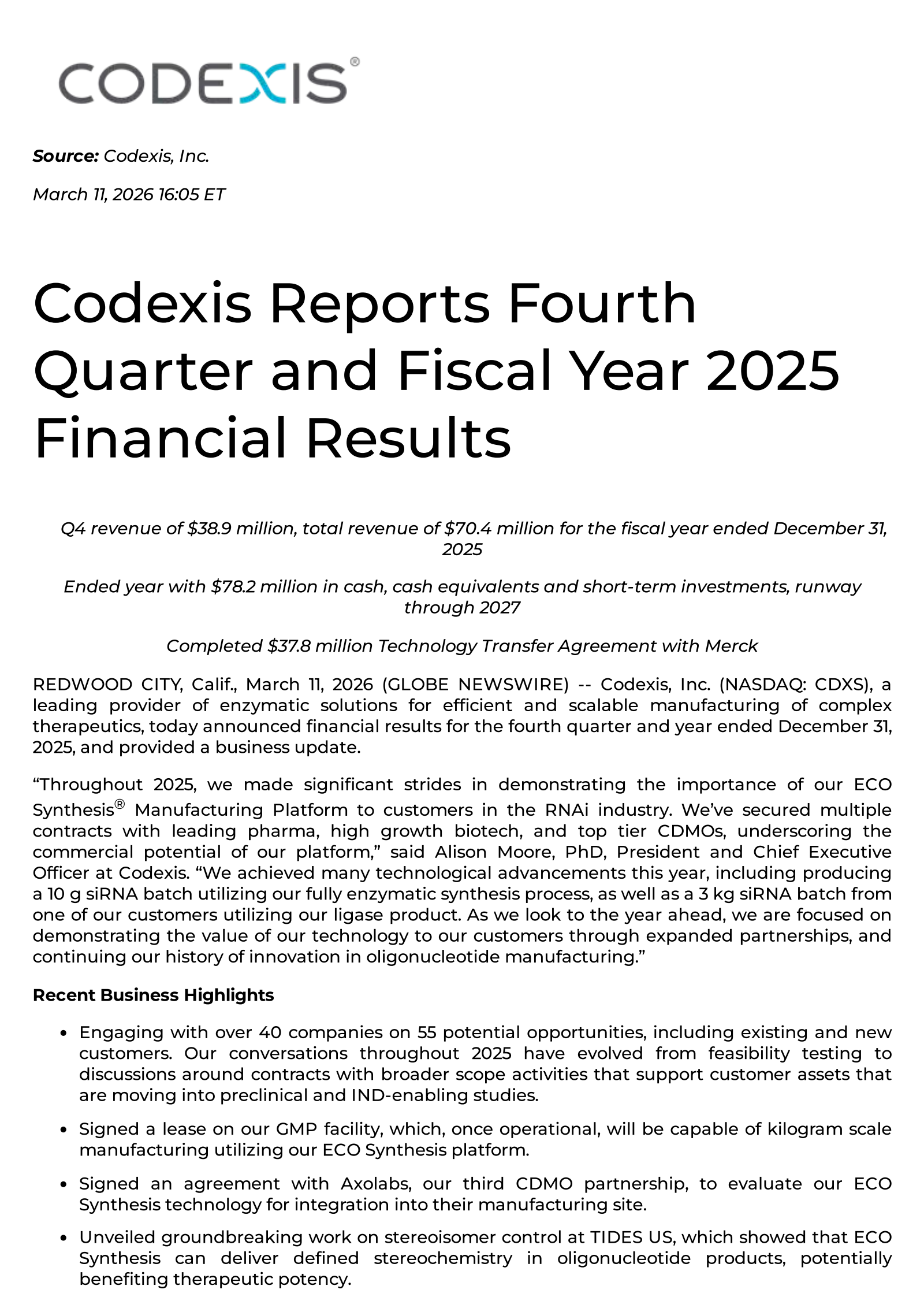 Codexis' Q4 2025 Press Release