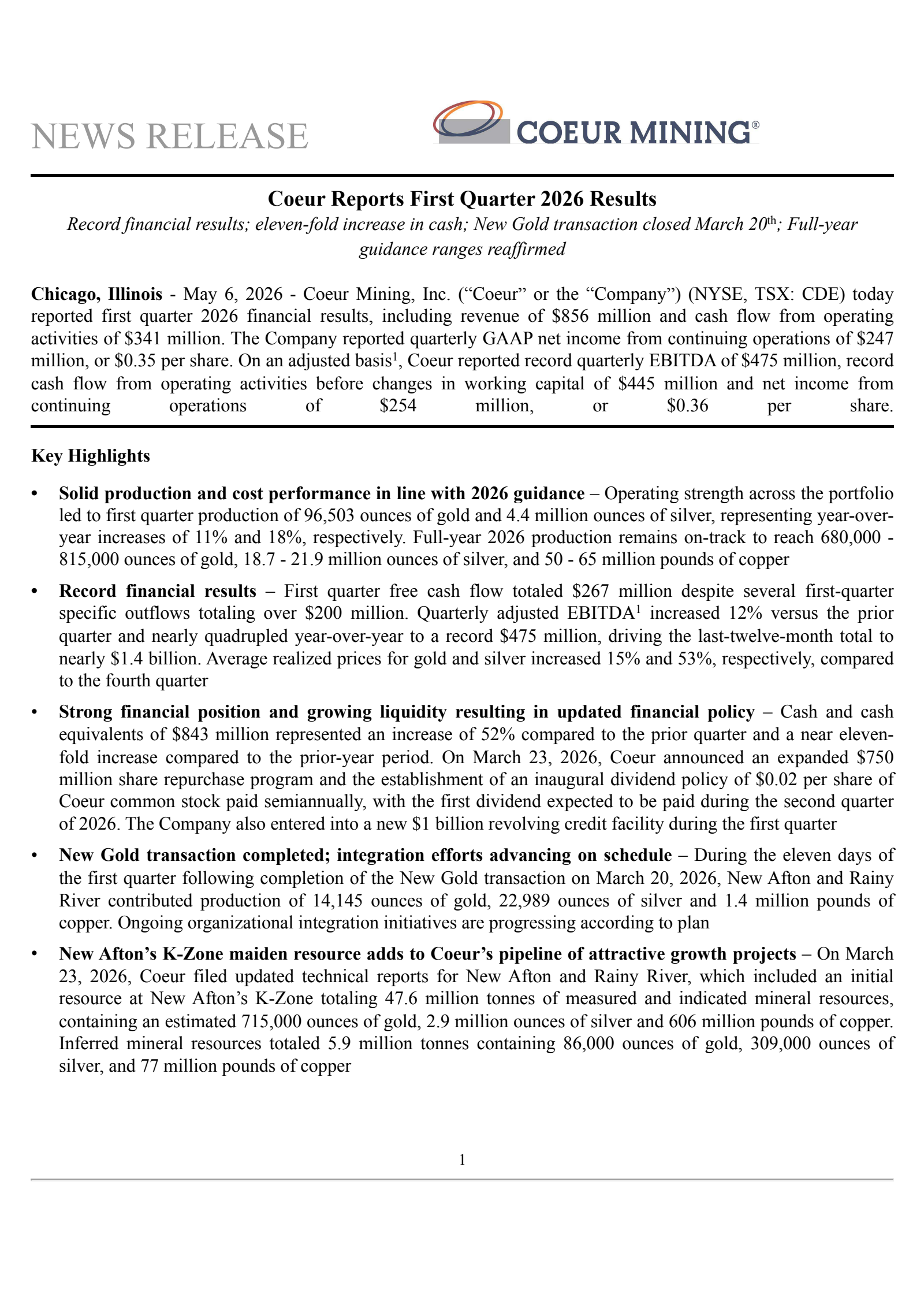 Coeur Mining's Q1 2026 Press Release