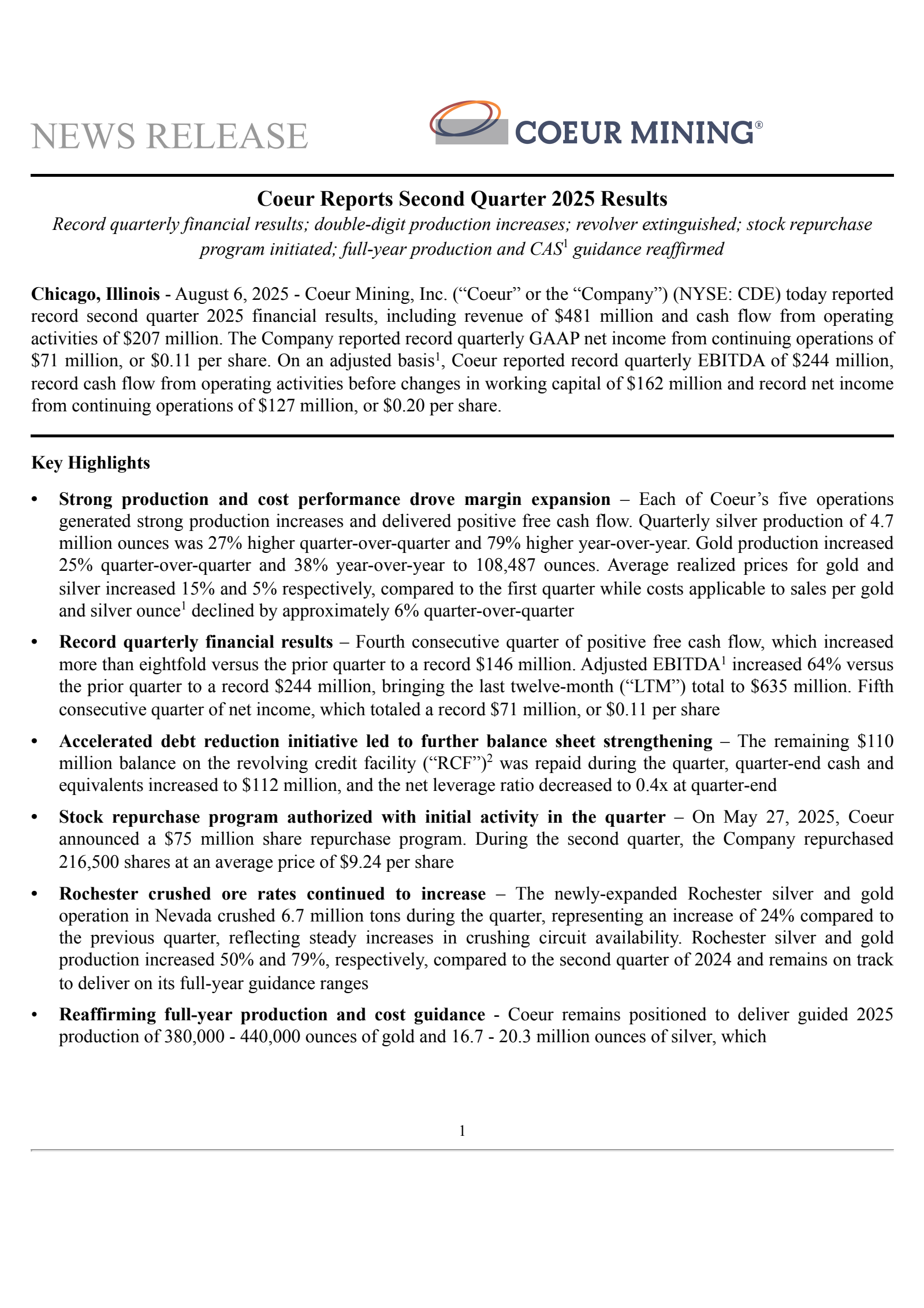 Coeur Mining's Q2 2025 Press Release