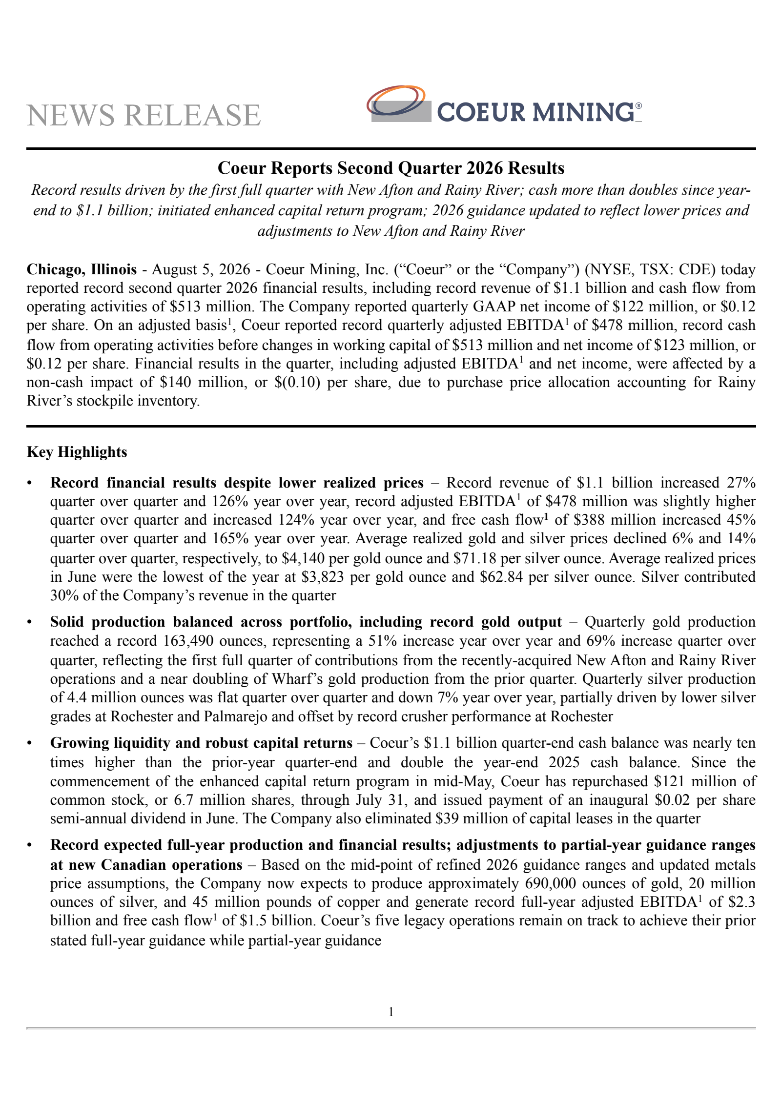 Coeur Mining's Q2 2026 Press Release