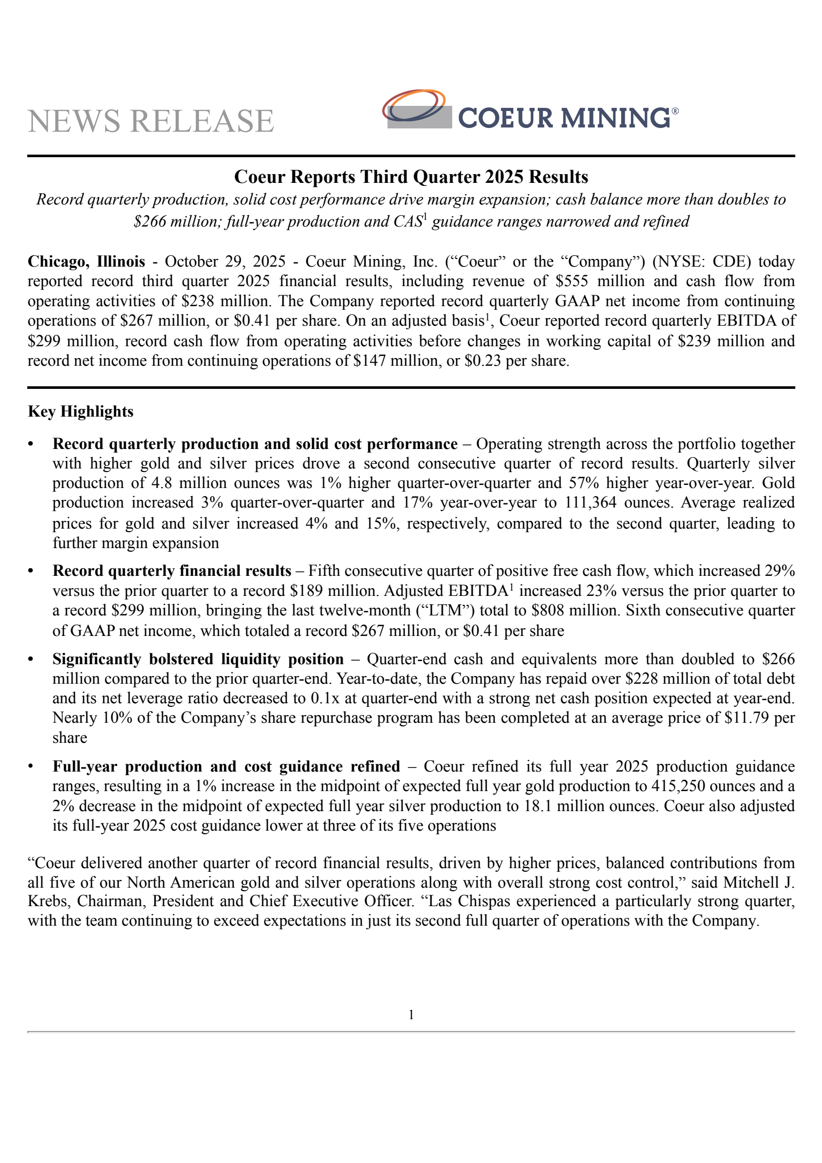 Coeur Mining's Q3 2025 Earnings Release