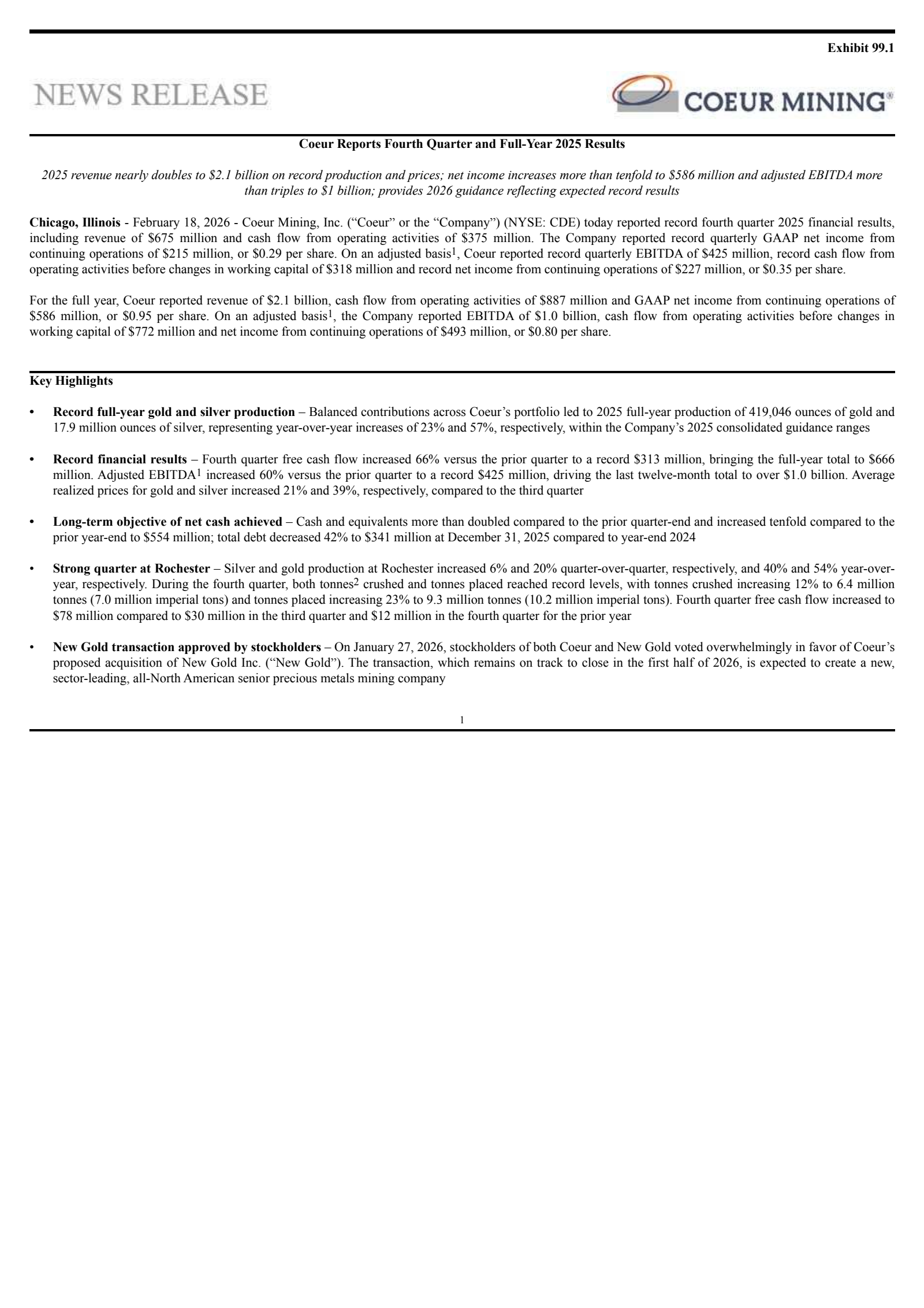 Coeur Mining's Q4 2025 Press Release