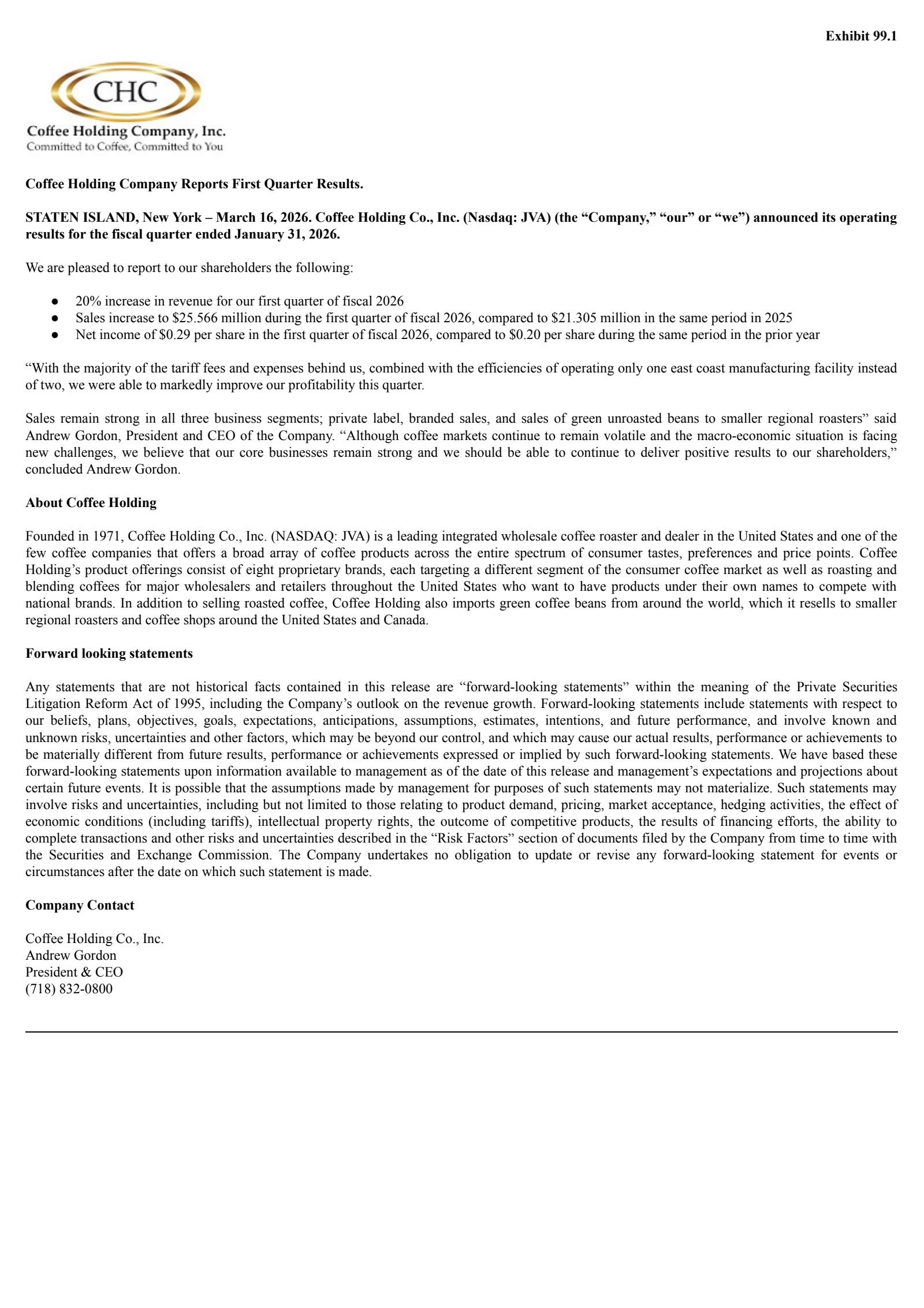 Coffee's Q1 2026 Press Release