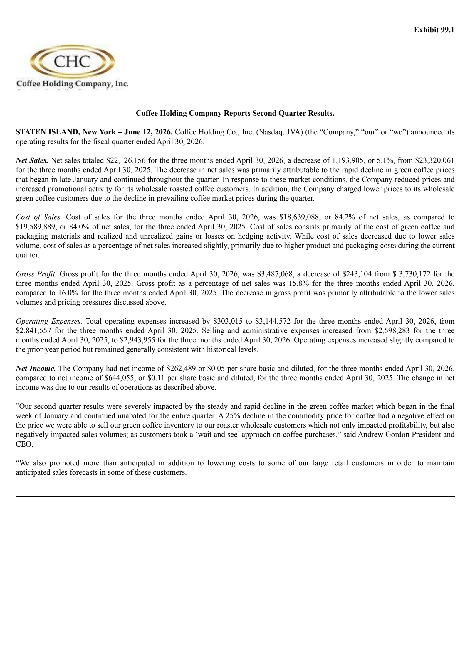 Coffee's Q2 2026 Press Release