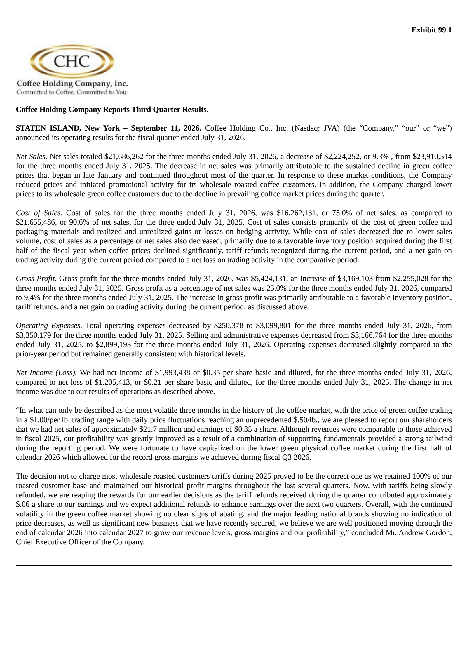 Coffee's Q3 2026 Press Release