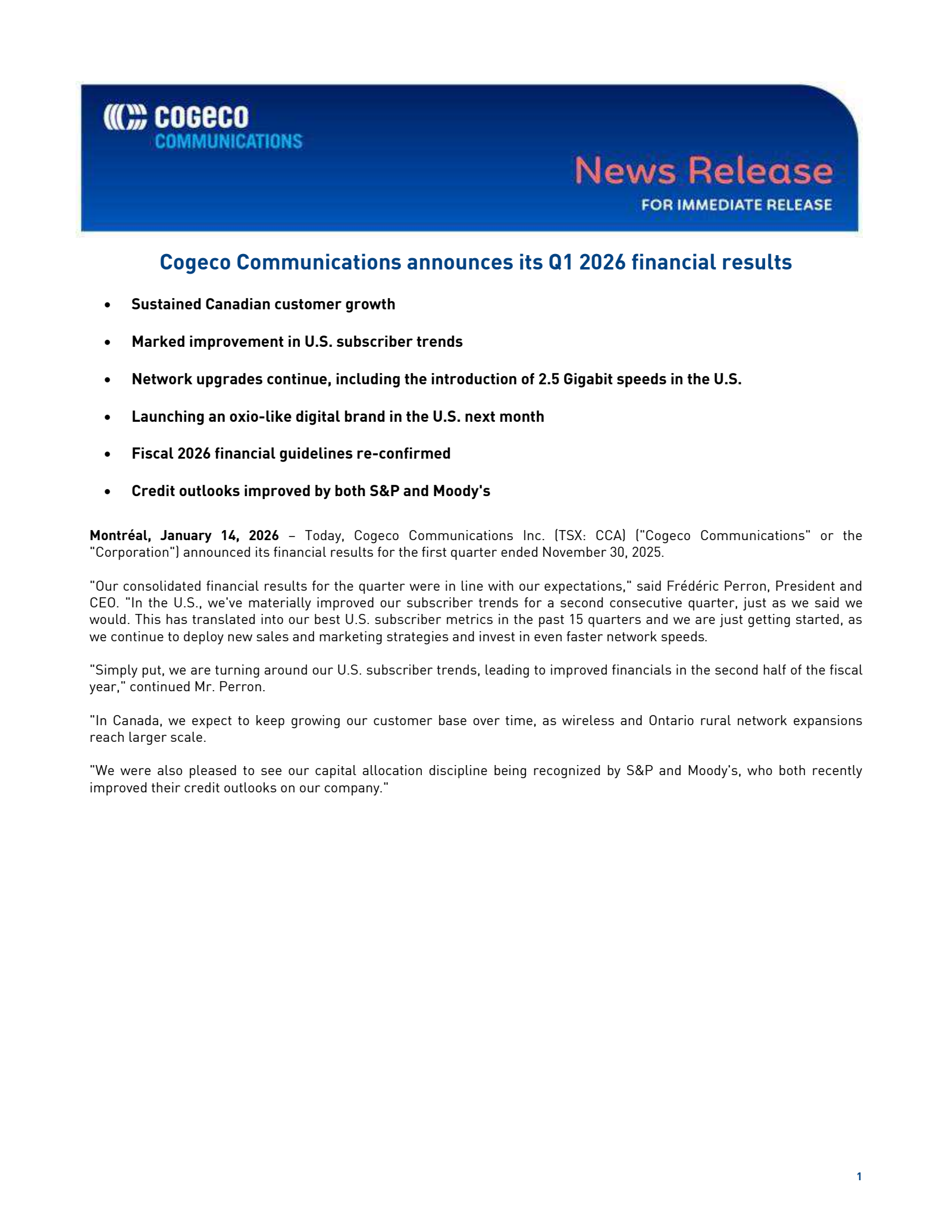 Cogeco Communications' Q1 2026 Press Release