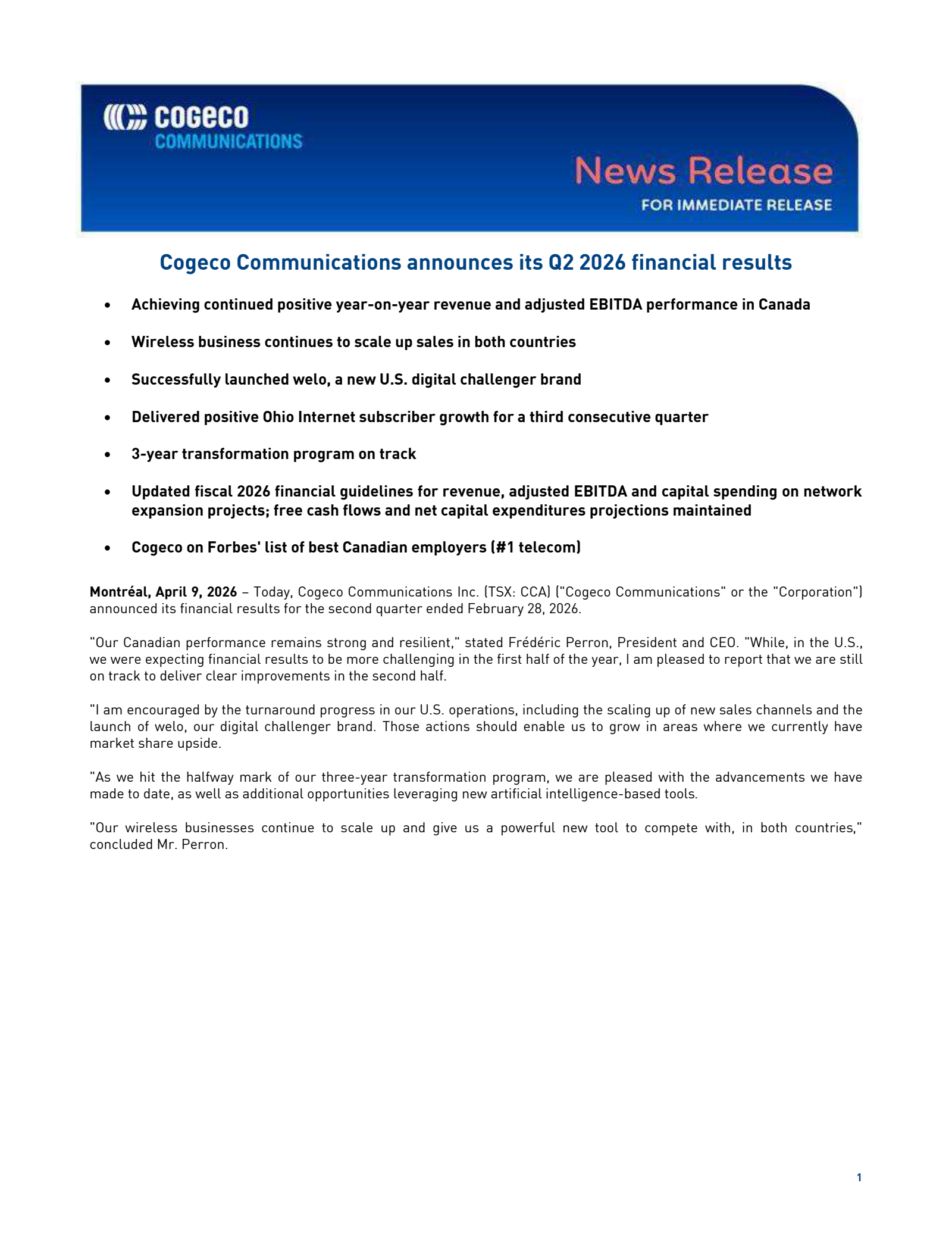 Cogeco Communications' Q2 2026 Press Release