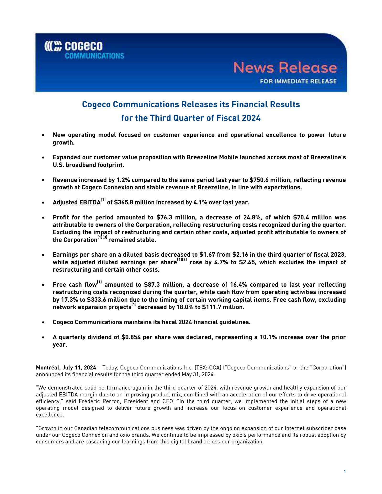 Cogeco Communications' Q3 2024 Press Release