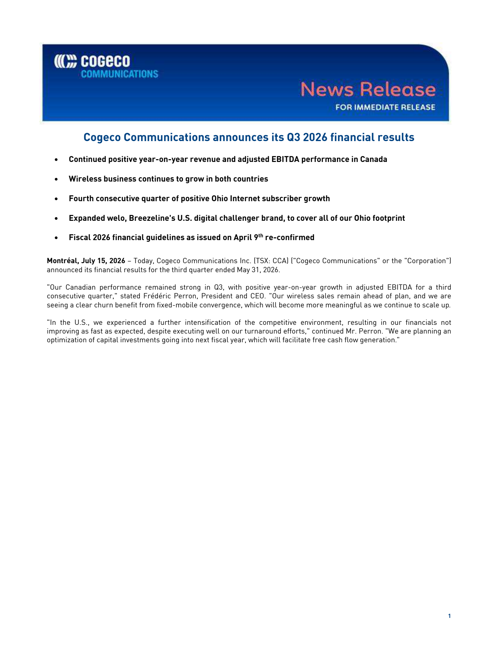 Cogeco Communications' Q3 2026 Press Release