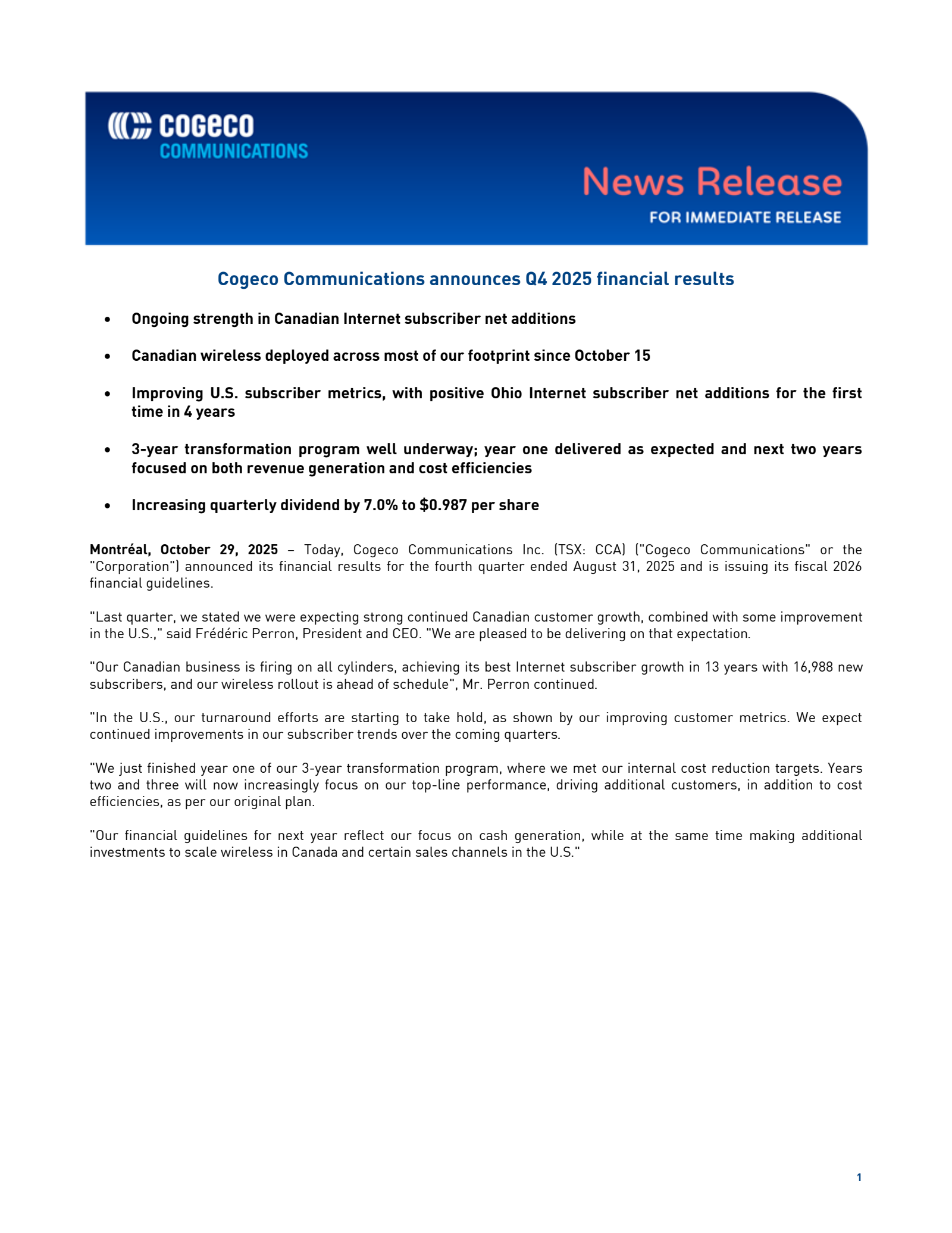 Cogeco Communications' Q4 2025 Earnings Release