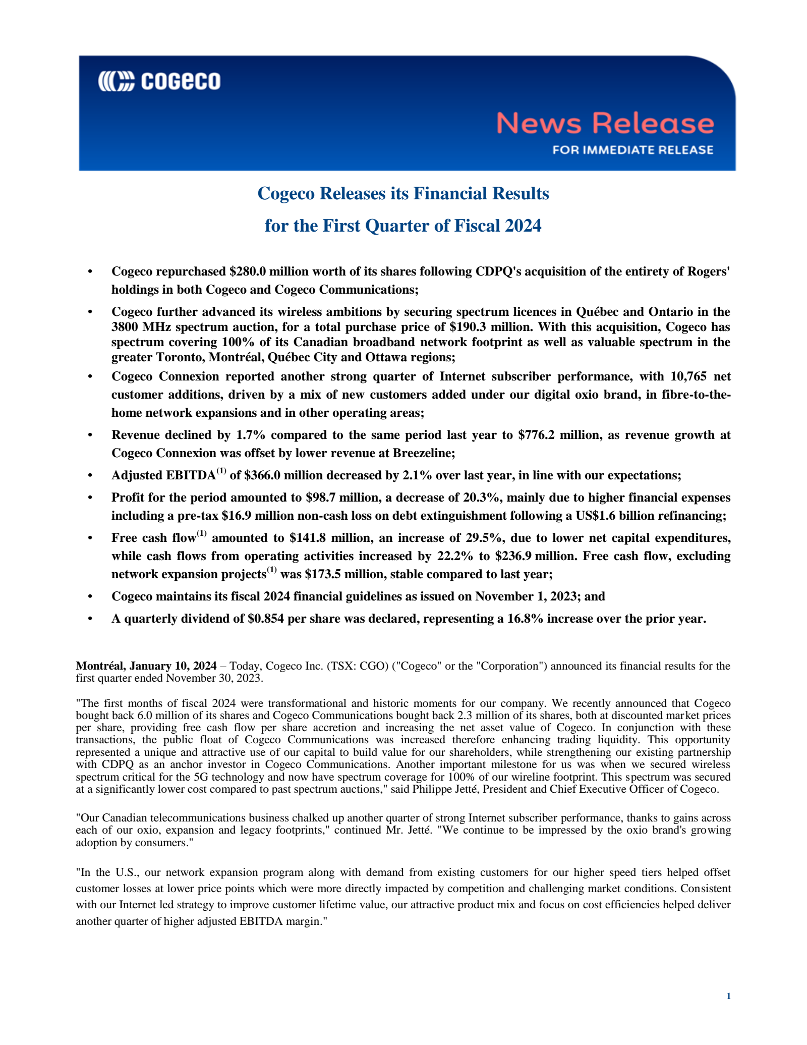 Cogeco's Q1 2024 Interim report