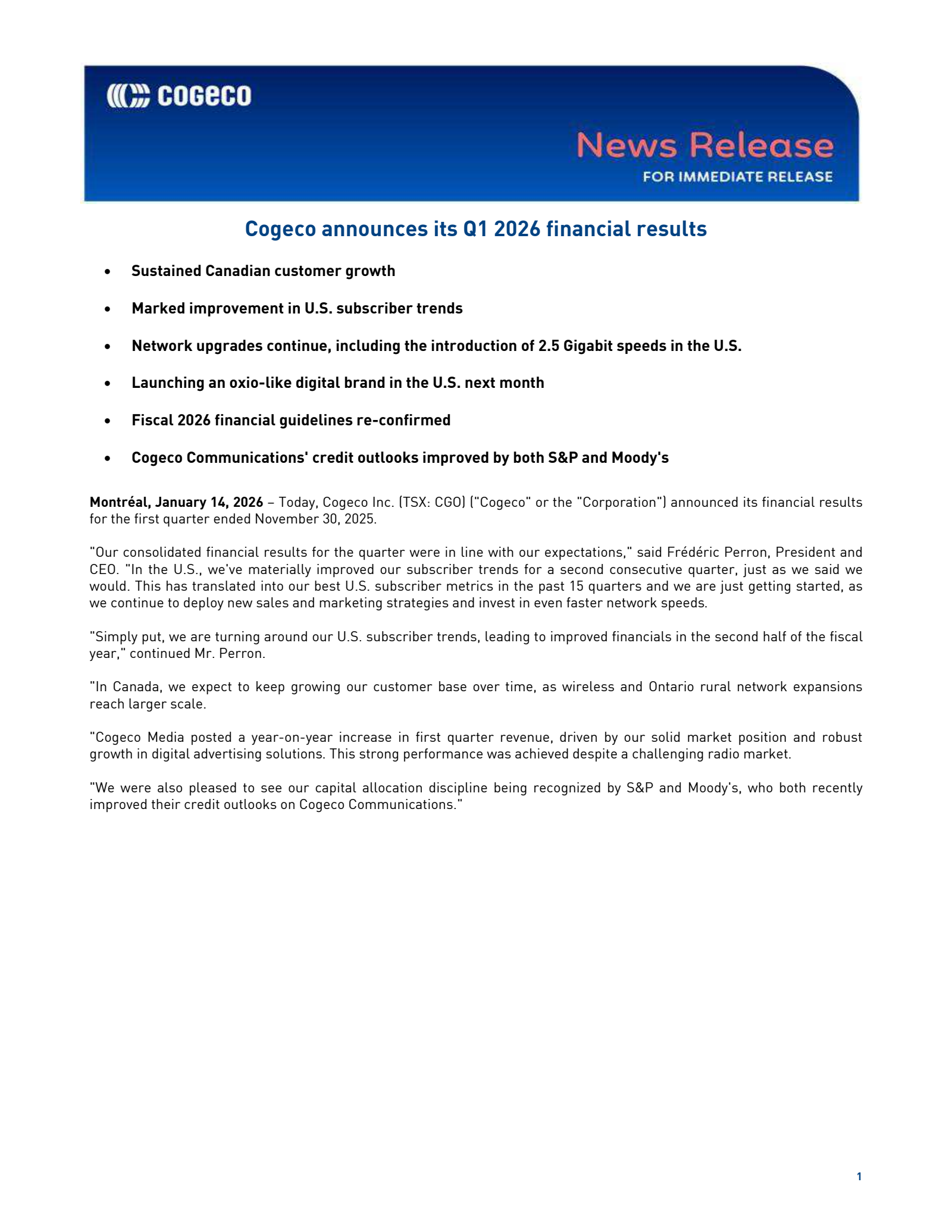 Cogeco's Q1 2026 Press Release