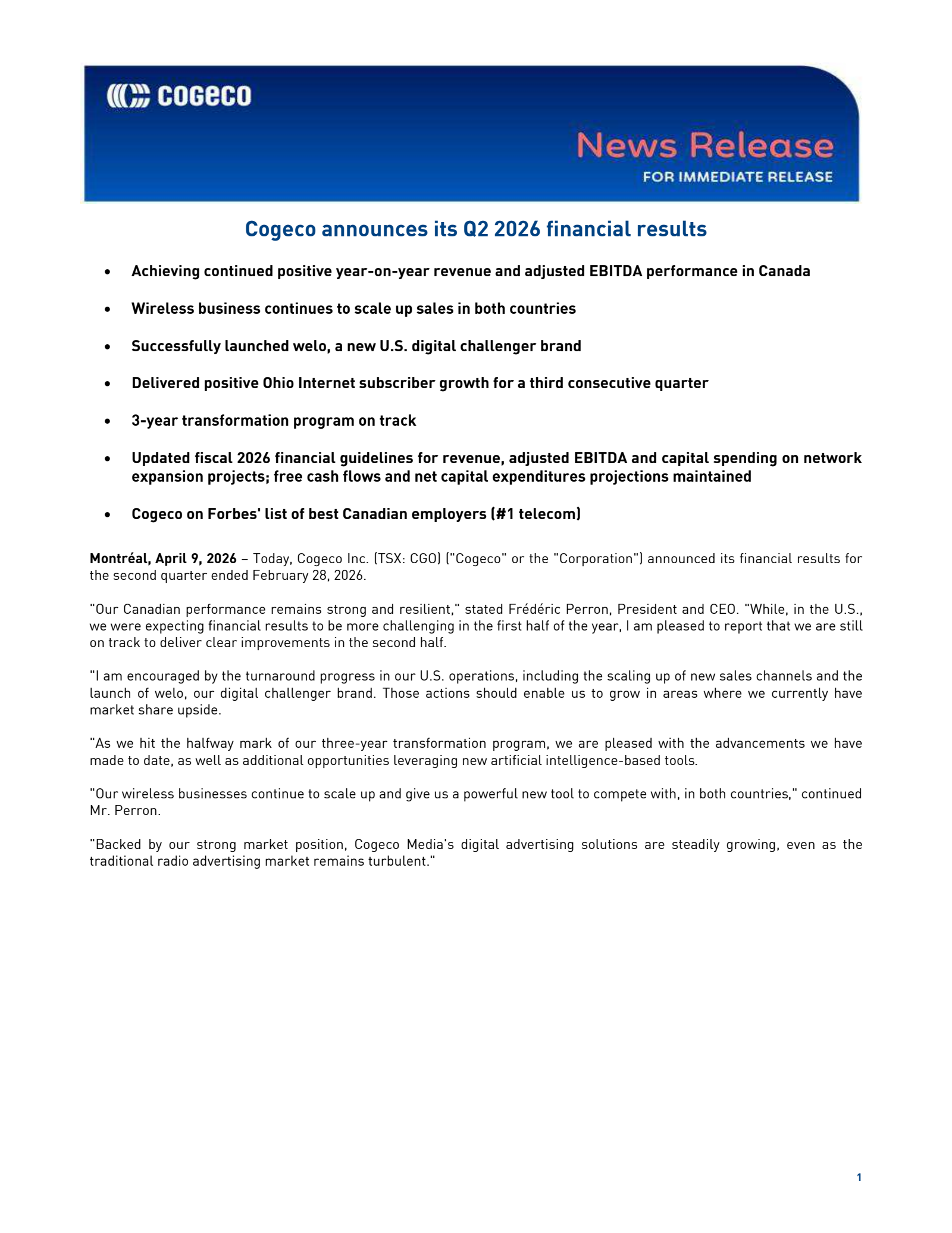 Cogeco's Q2 2026 Press Release