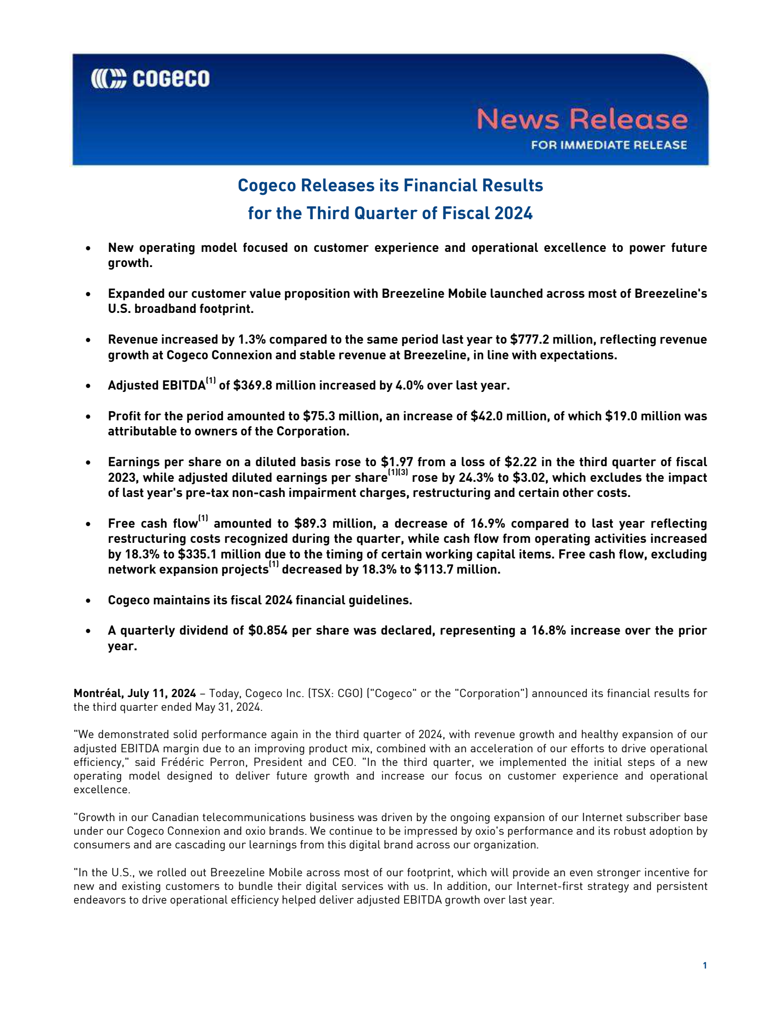 Cogeco's Q3 2024 Press Release