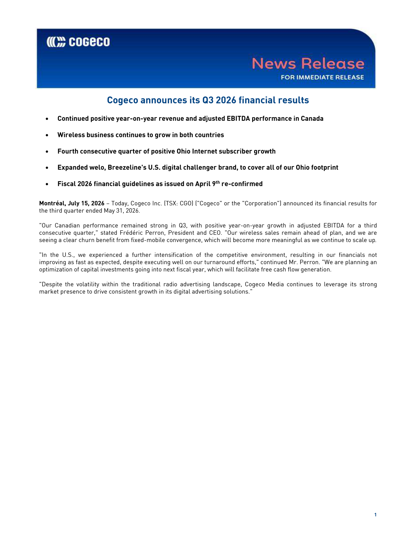 Cogeco's Q3 2026 Press Release