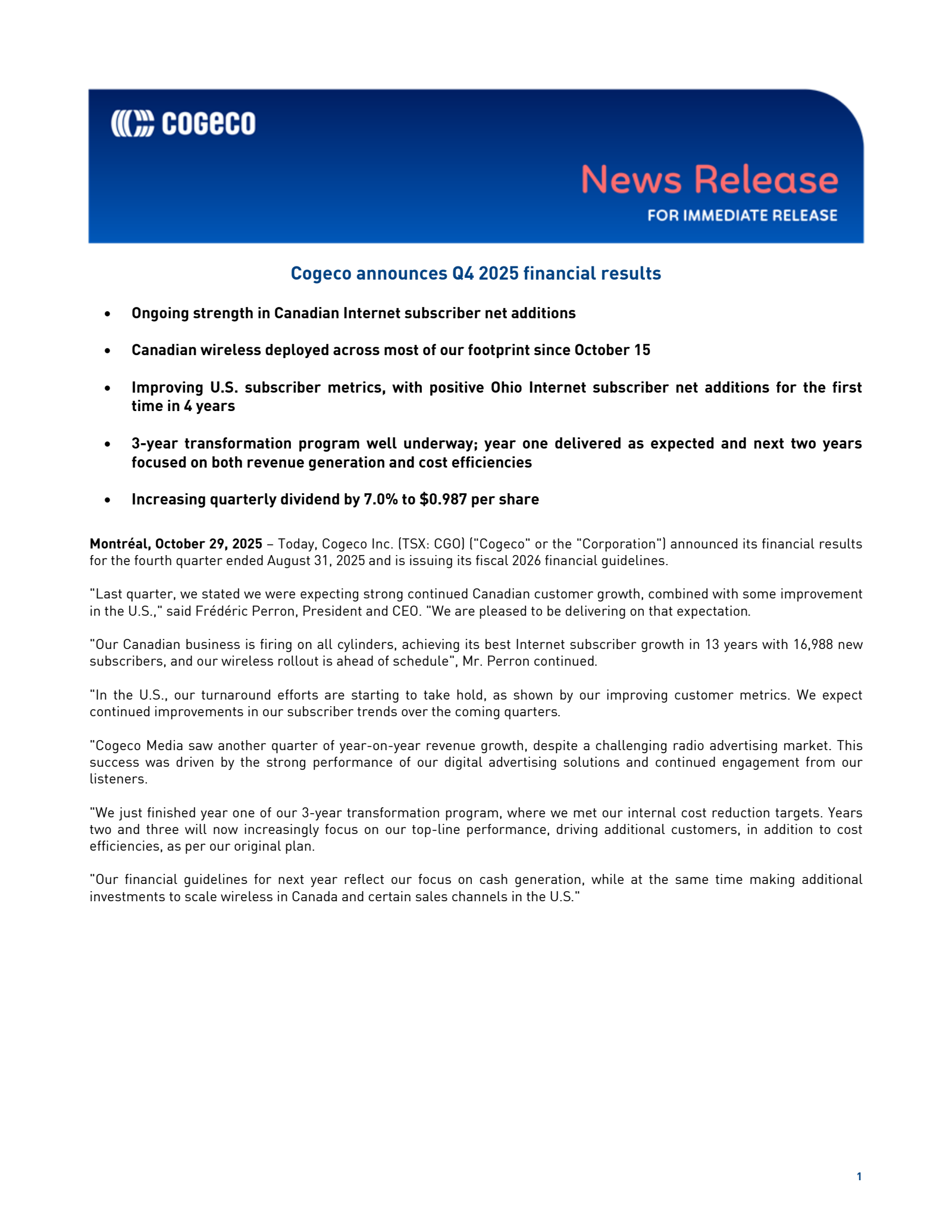 Cogeco's Q4 2025 Earnings Release