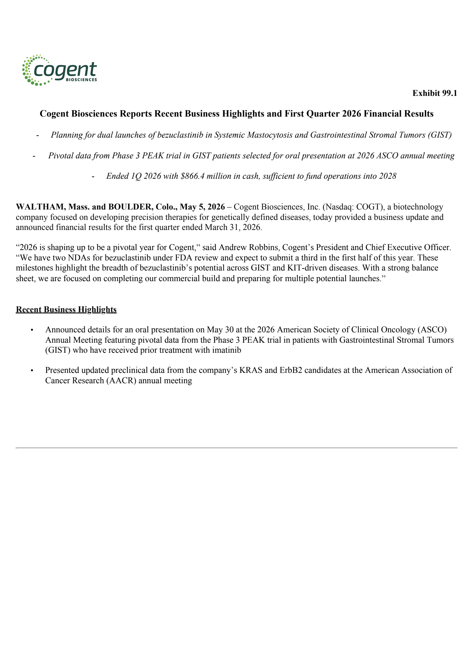 Cogent Biosciences' Q1 2026 Press Release