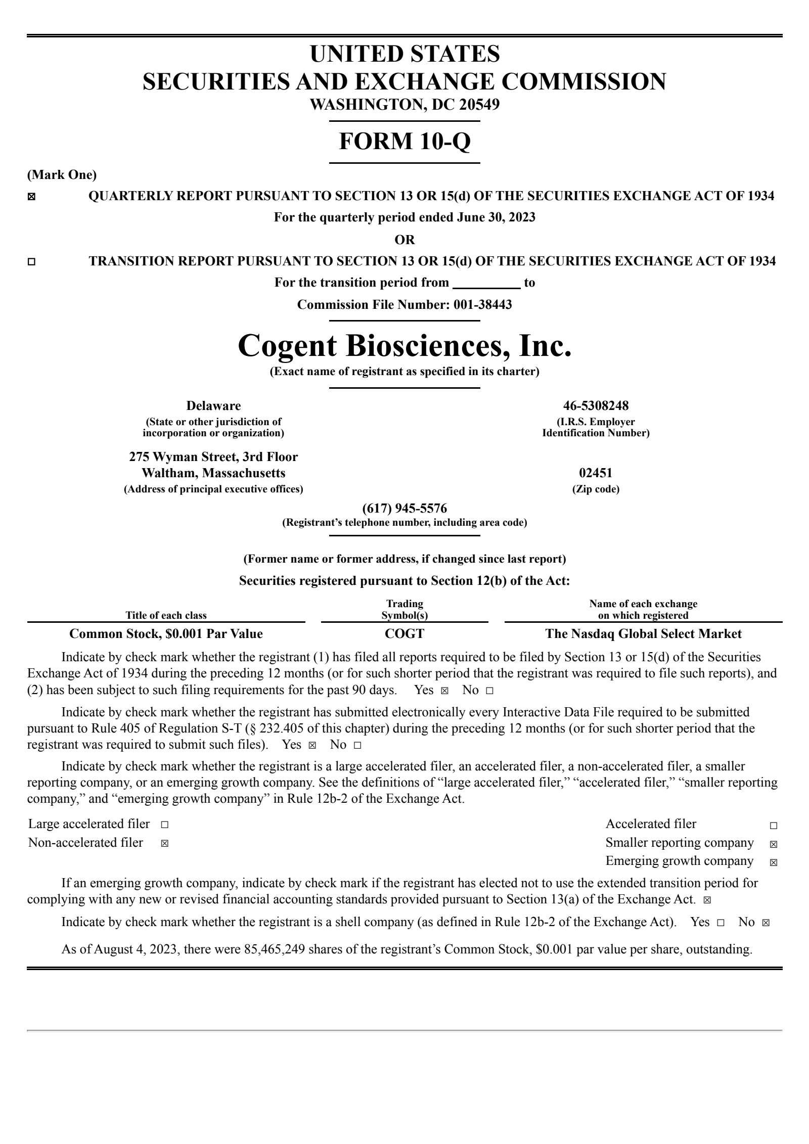 Cogent Biosciences' Q2 2023 Quarterly report