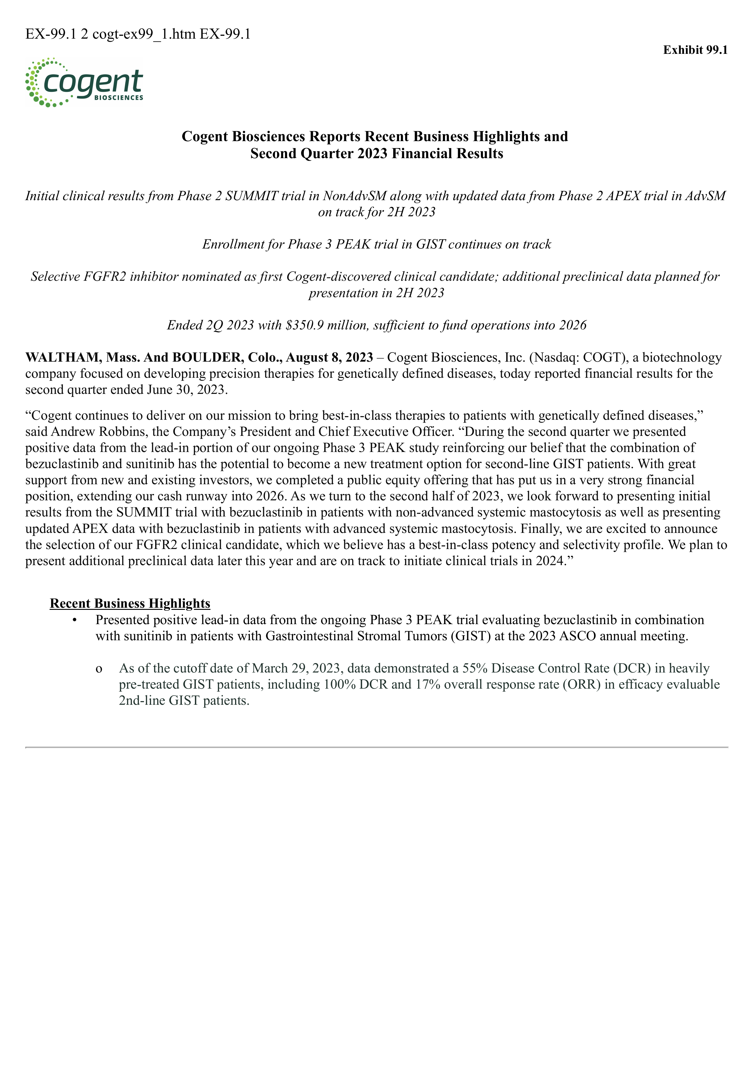 Cogent Biosciences' Q2 2023 Press Release