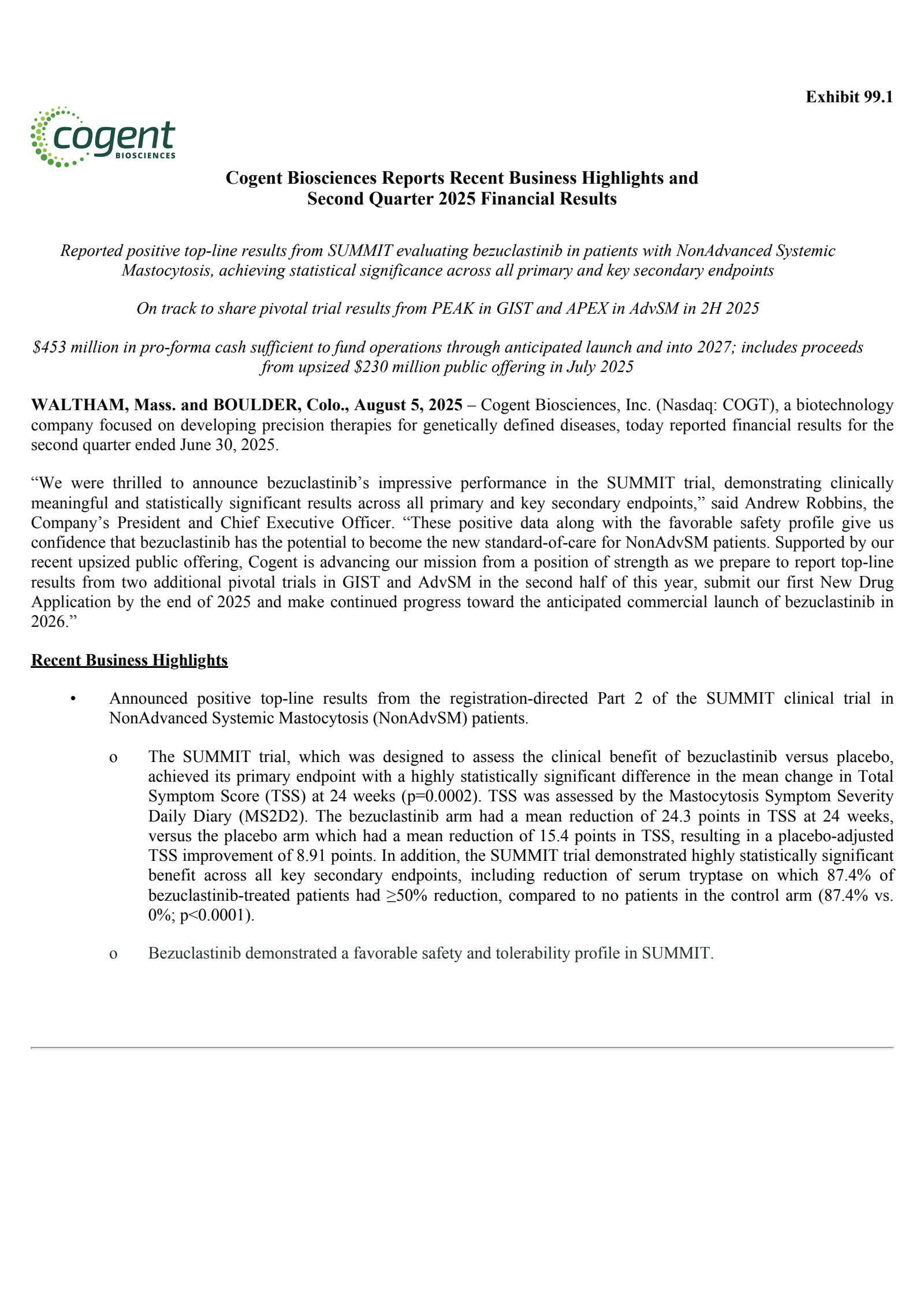 Cogent Biosciences' Q2 2025 Press Release