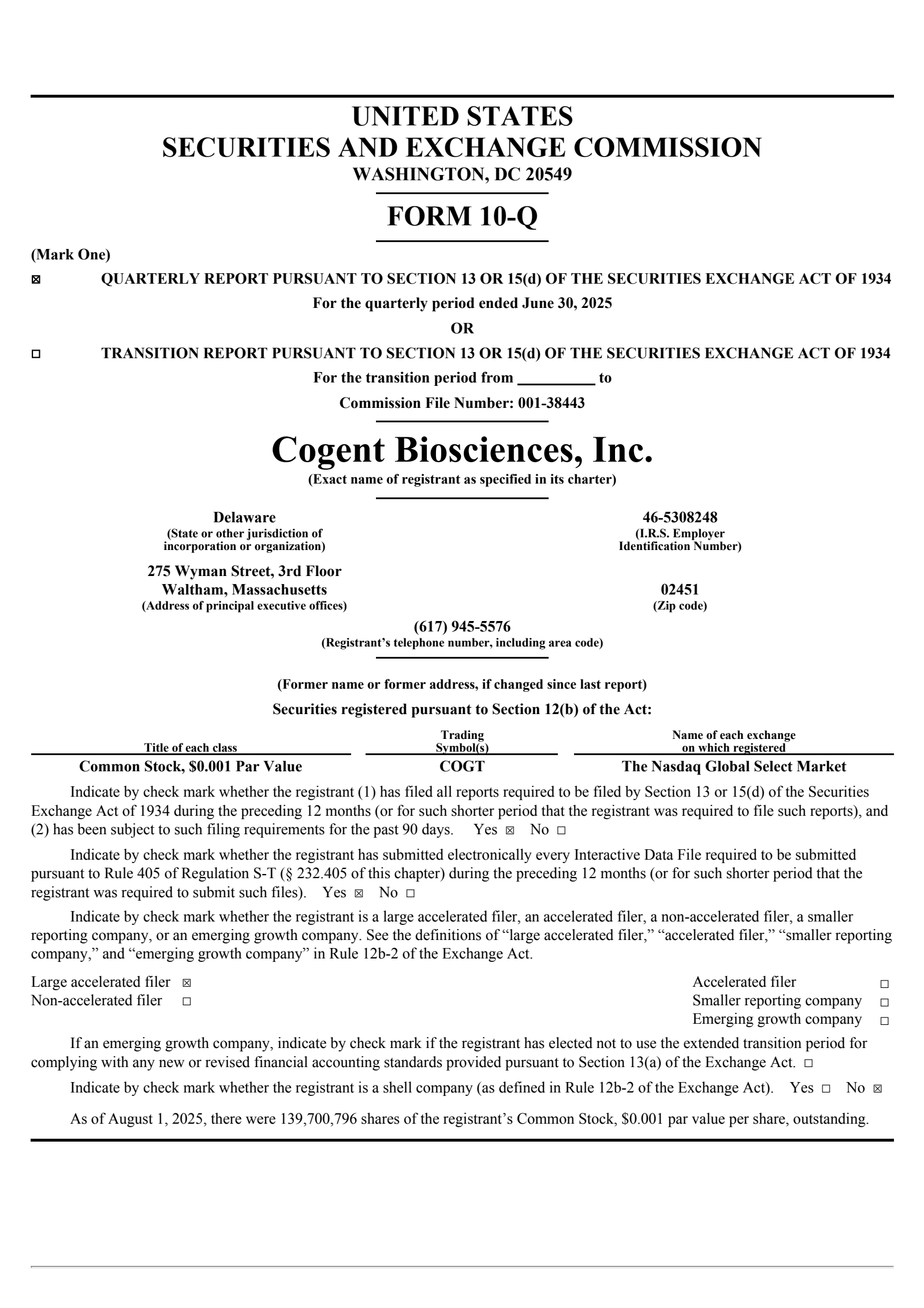 Cogent Biosciences' Q2 2025 Quarterly report