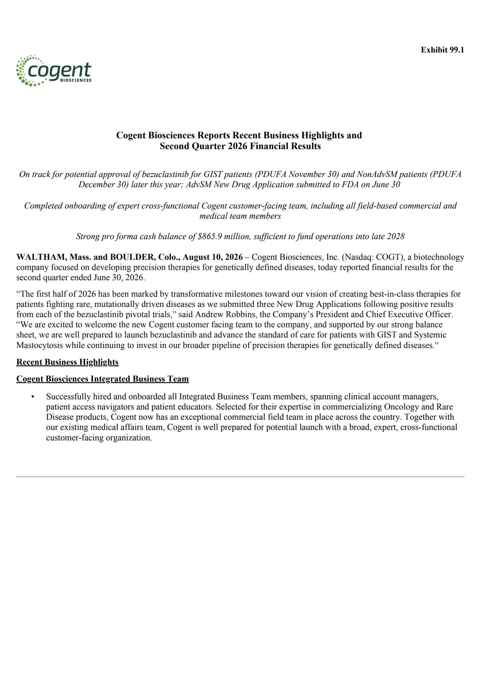 Cogent Biosciences' Q2 2026 Press Release