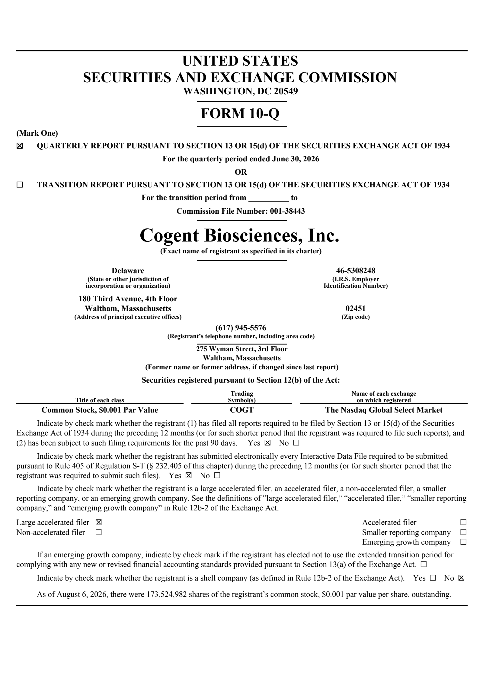 Cogent Biosciences' Q2 2026 Quarterly report