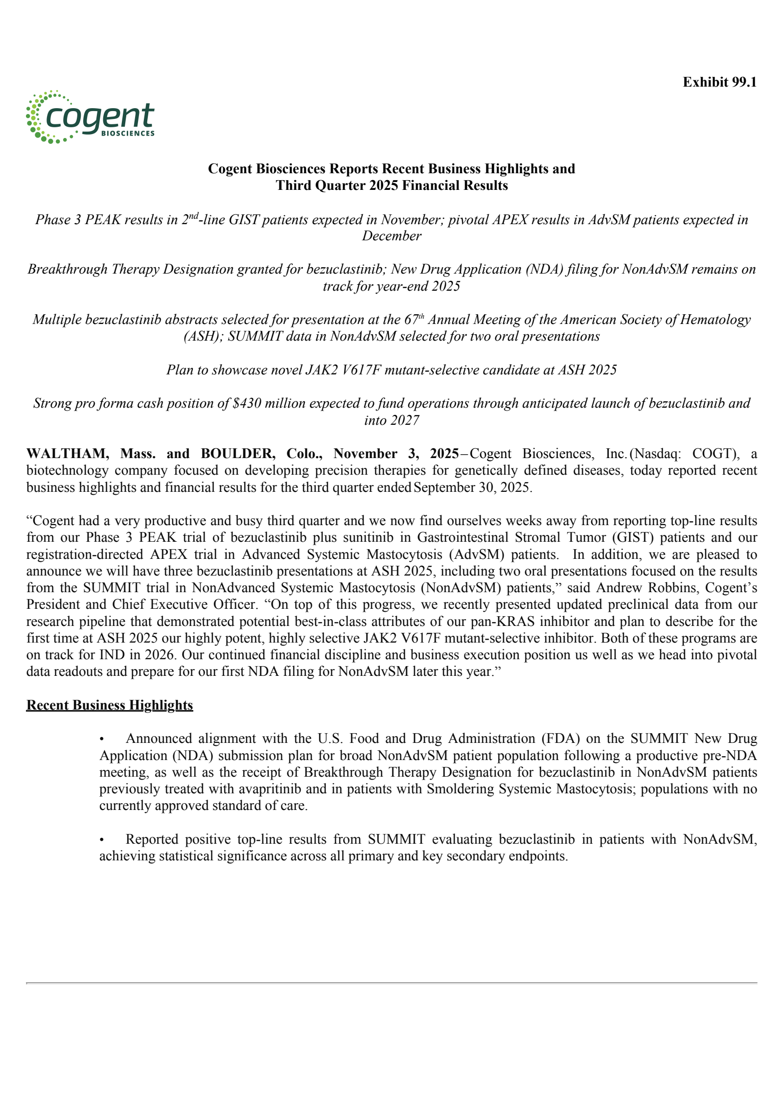 Cogent Biosciences' Q3 2025 Earnings Release