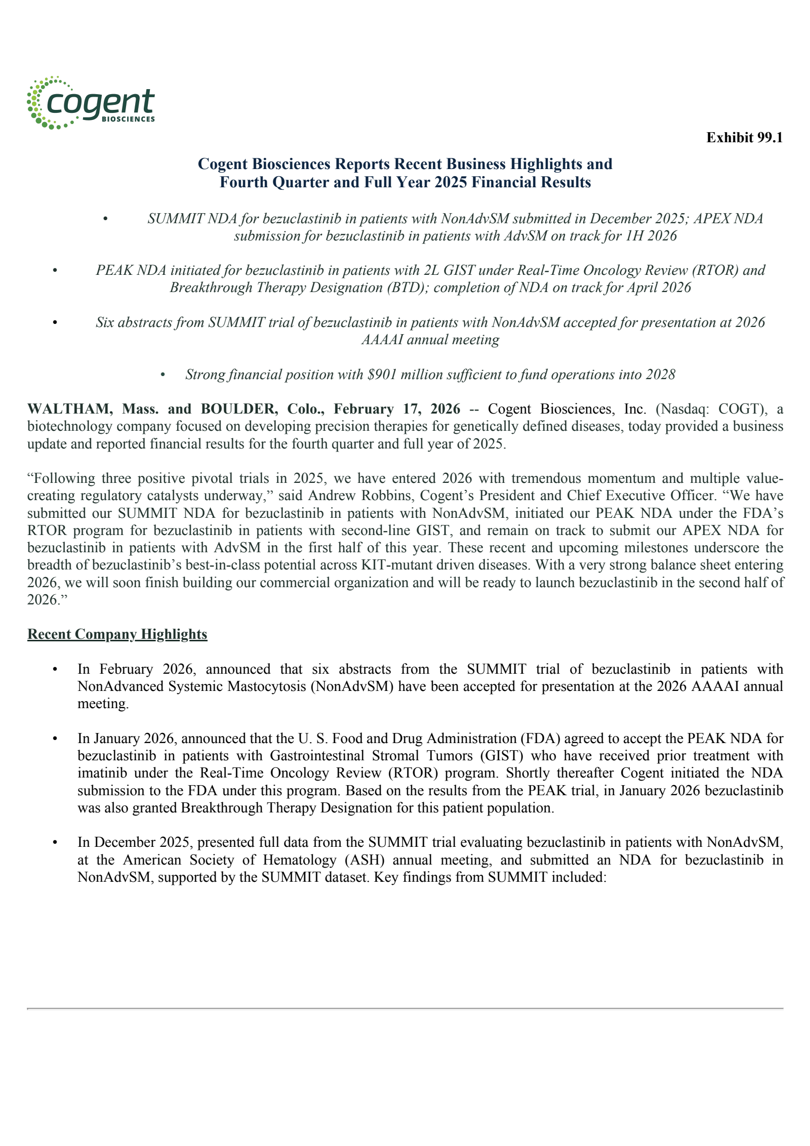 Cogent Biosciences' Q4 2025 Press Release