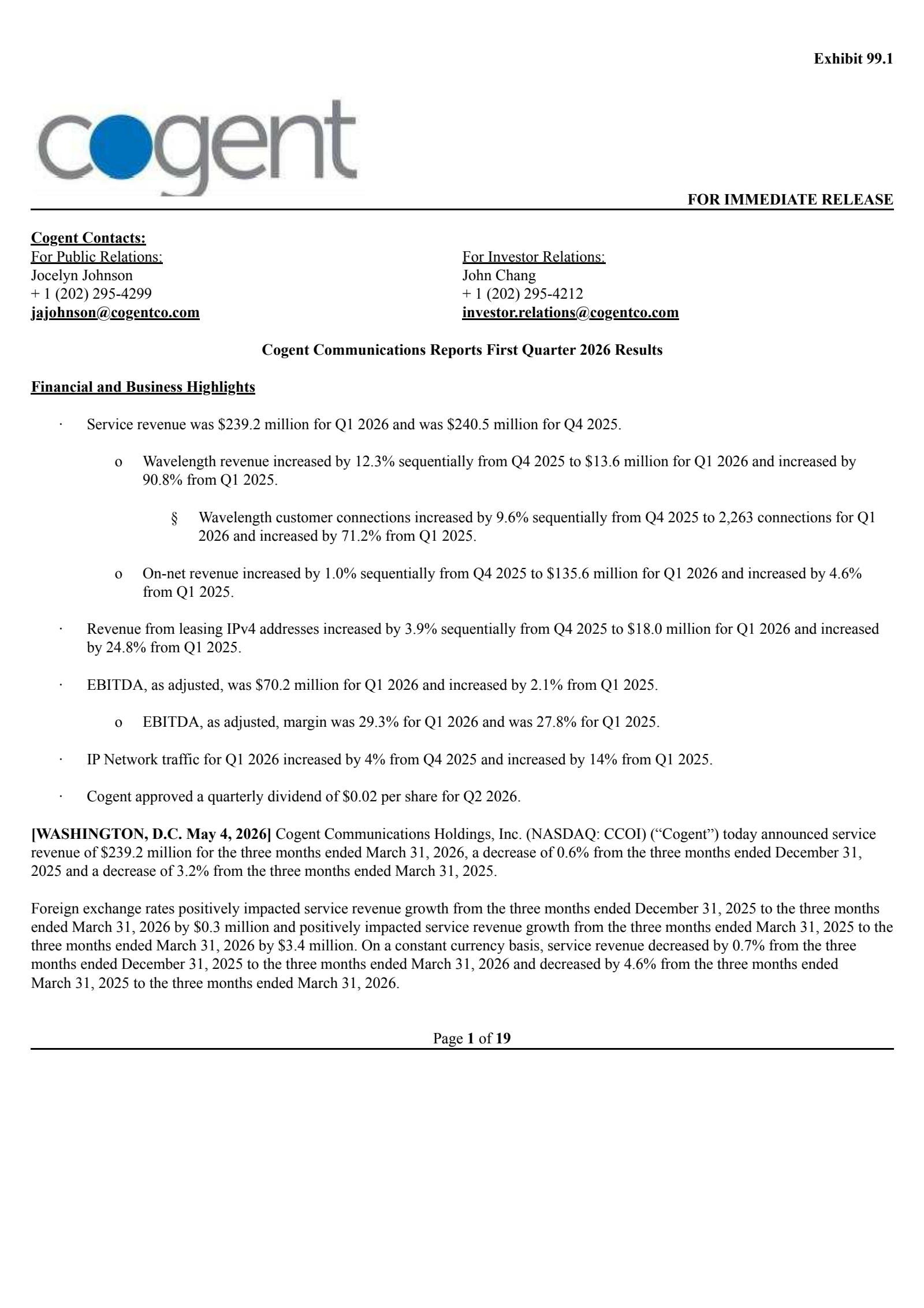 Cogent Communications' Q1 2026 Press Release