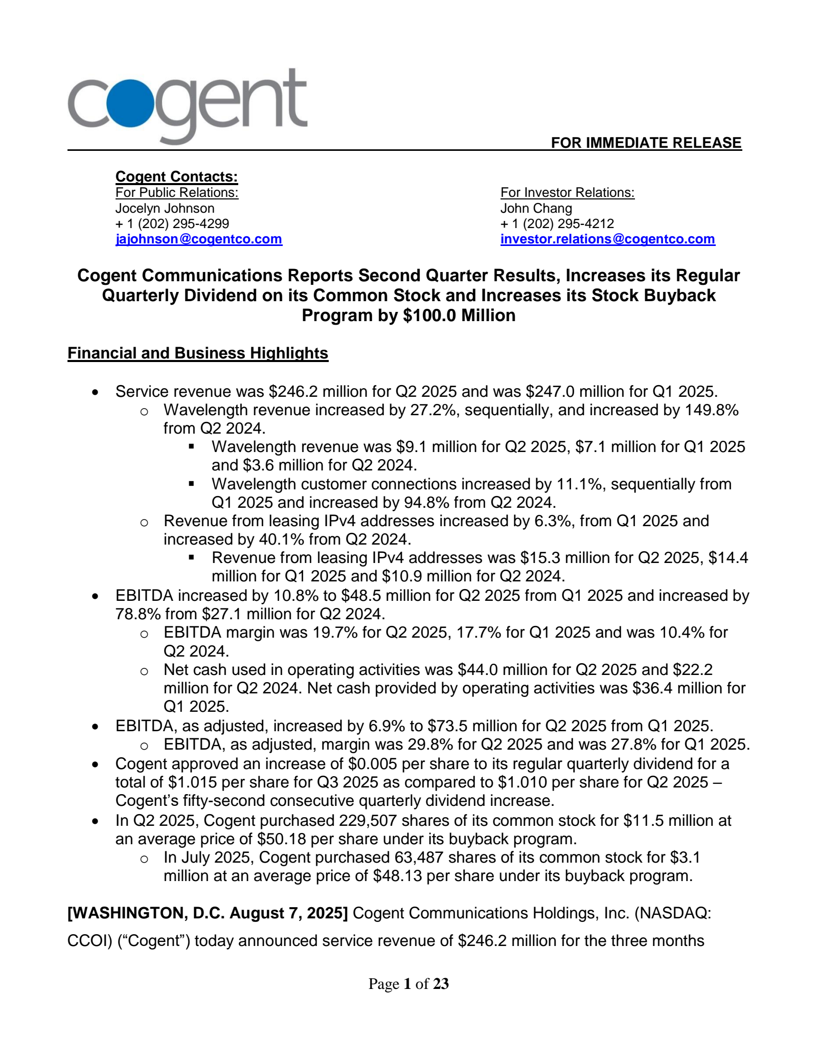 Cogent Communications' Q2 2025 Press Release