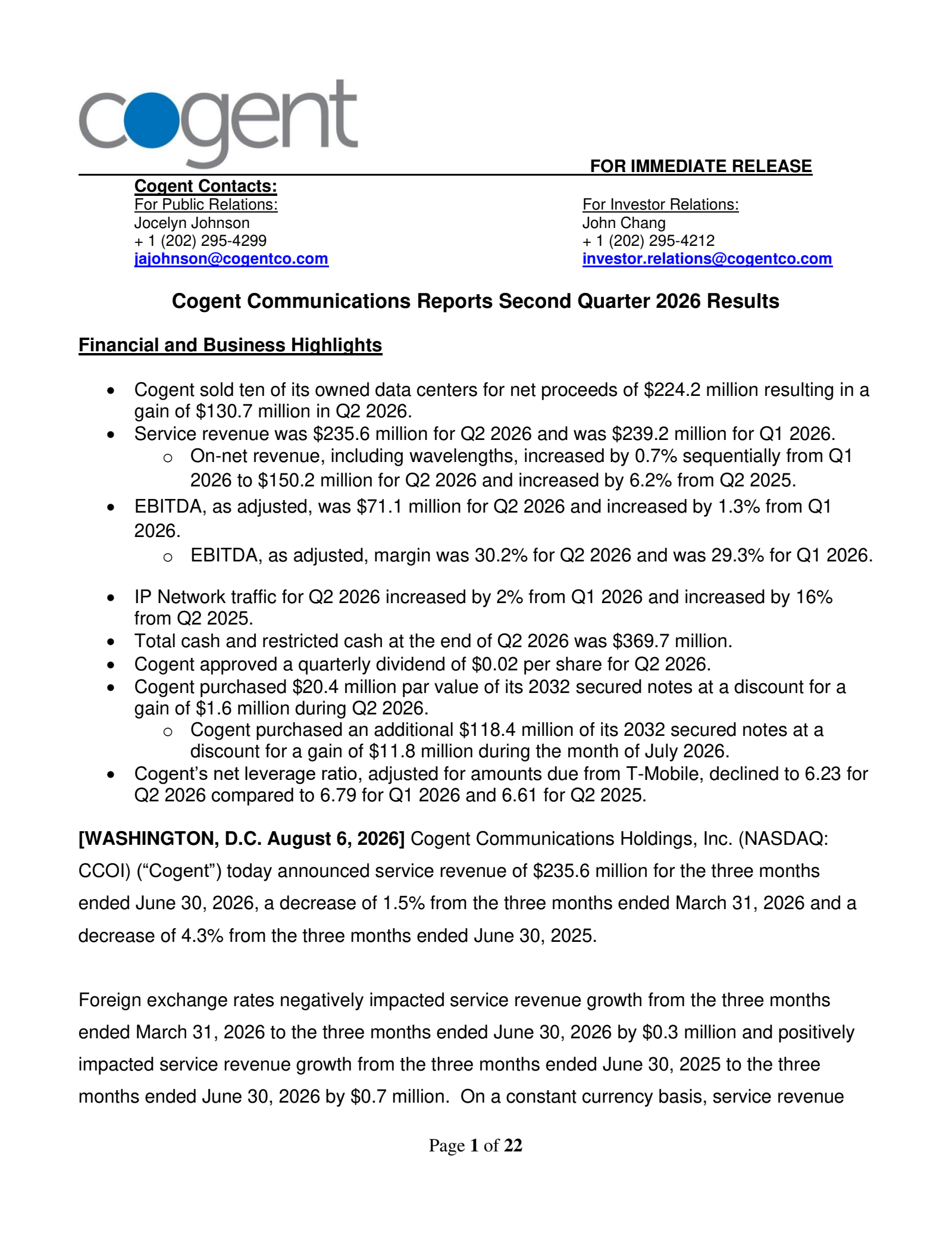 Cogent Communications' Q2 2026 Press Release