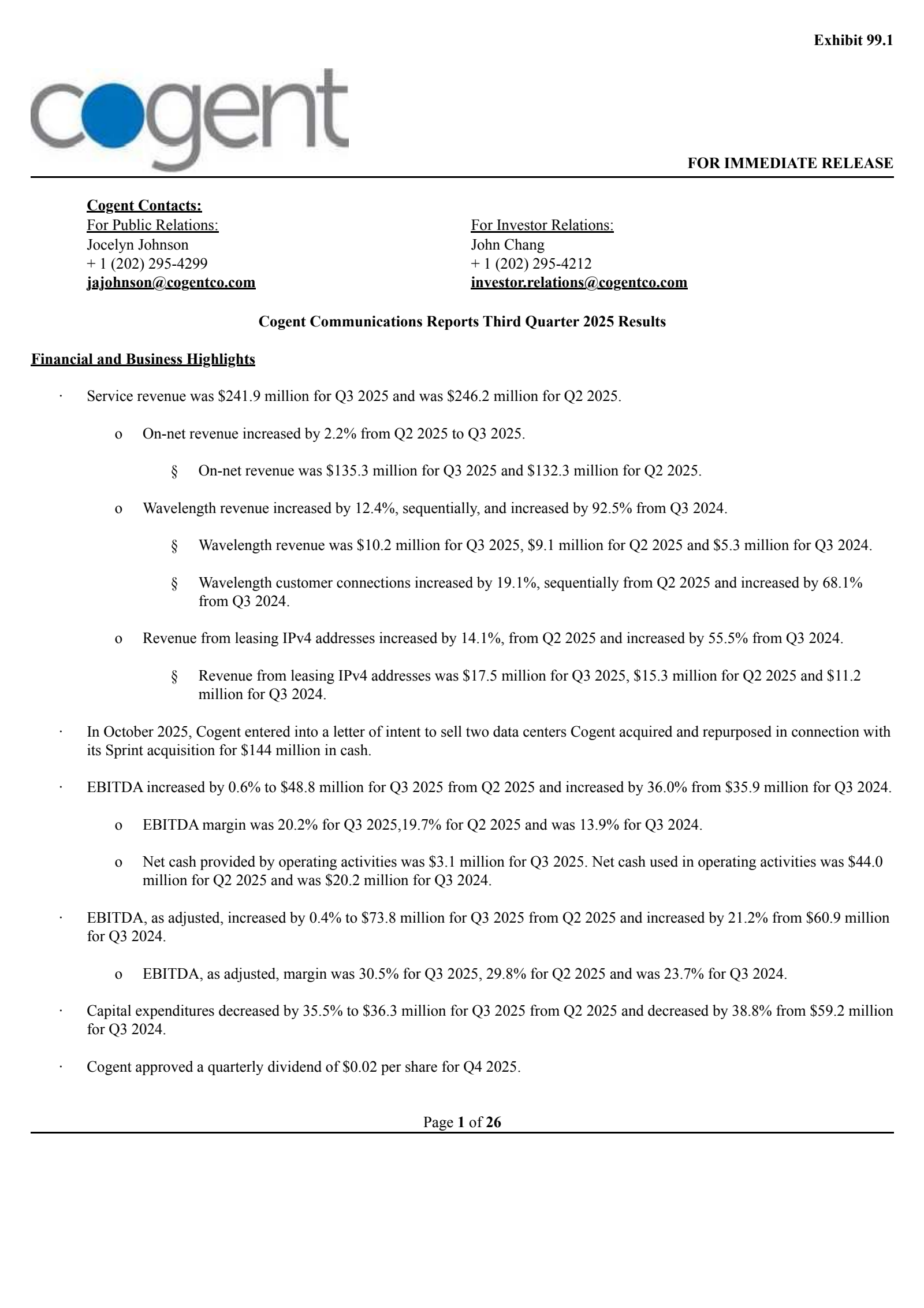Cogent Communications' Q3 2025 Earnings Release