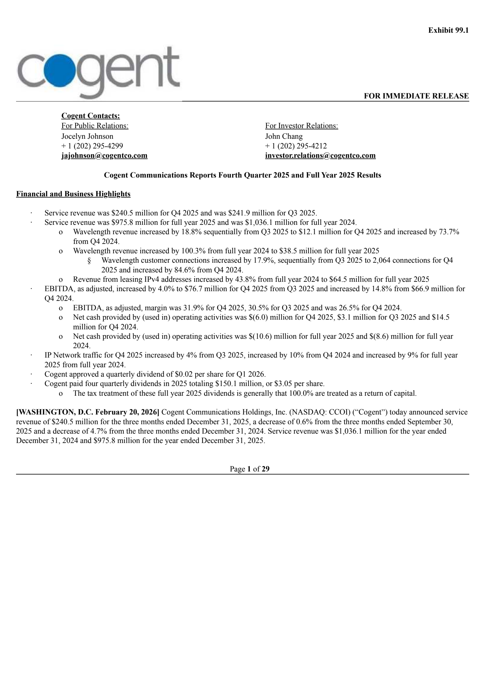 Cogent Communications' Q4 2025 Press Release