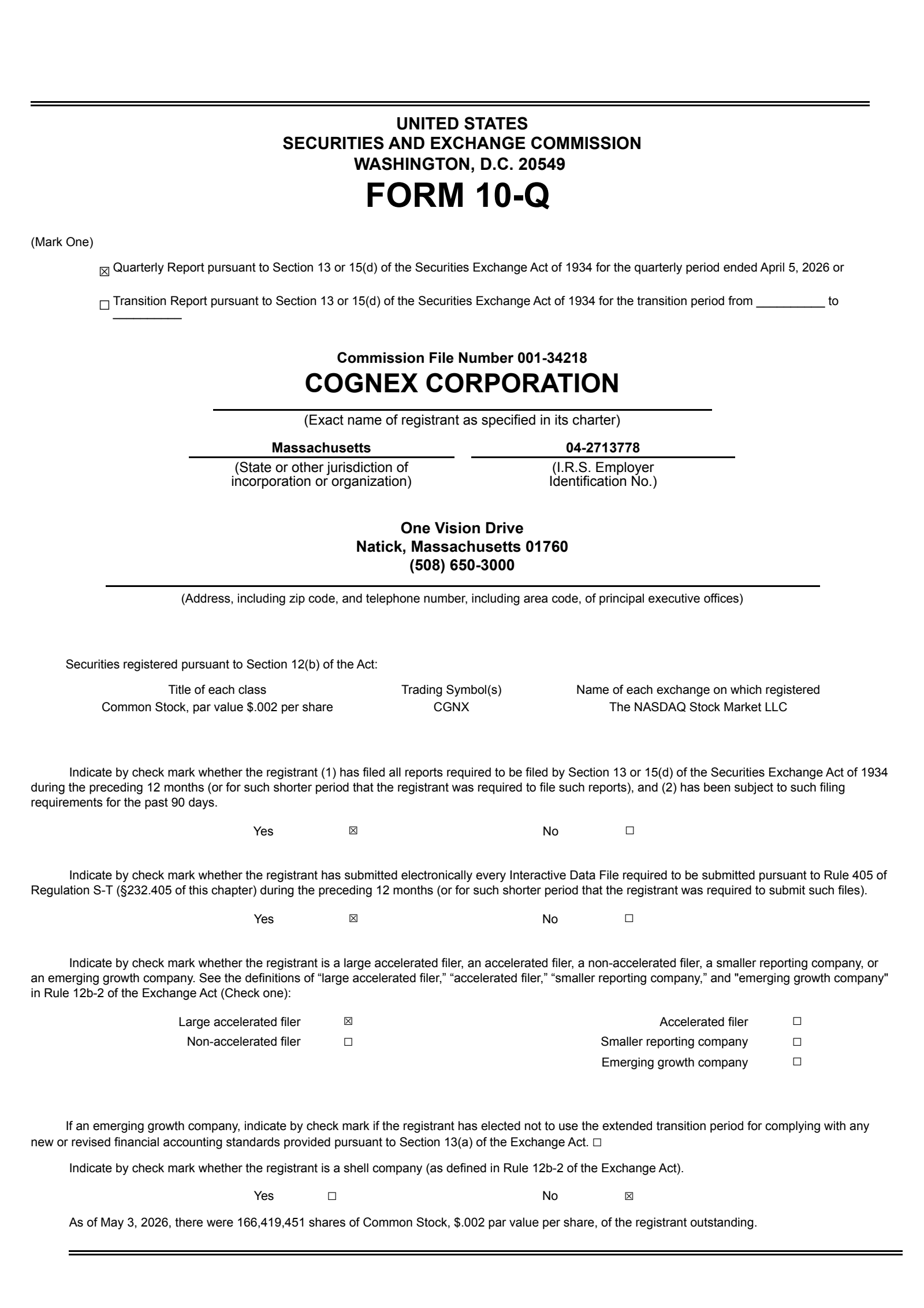 Cognex's Q1 2026 Quarterly report