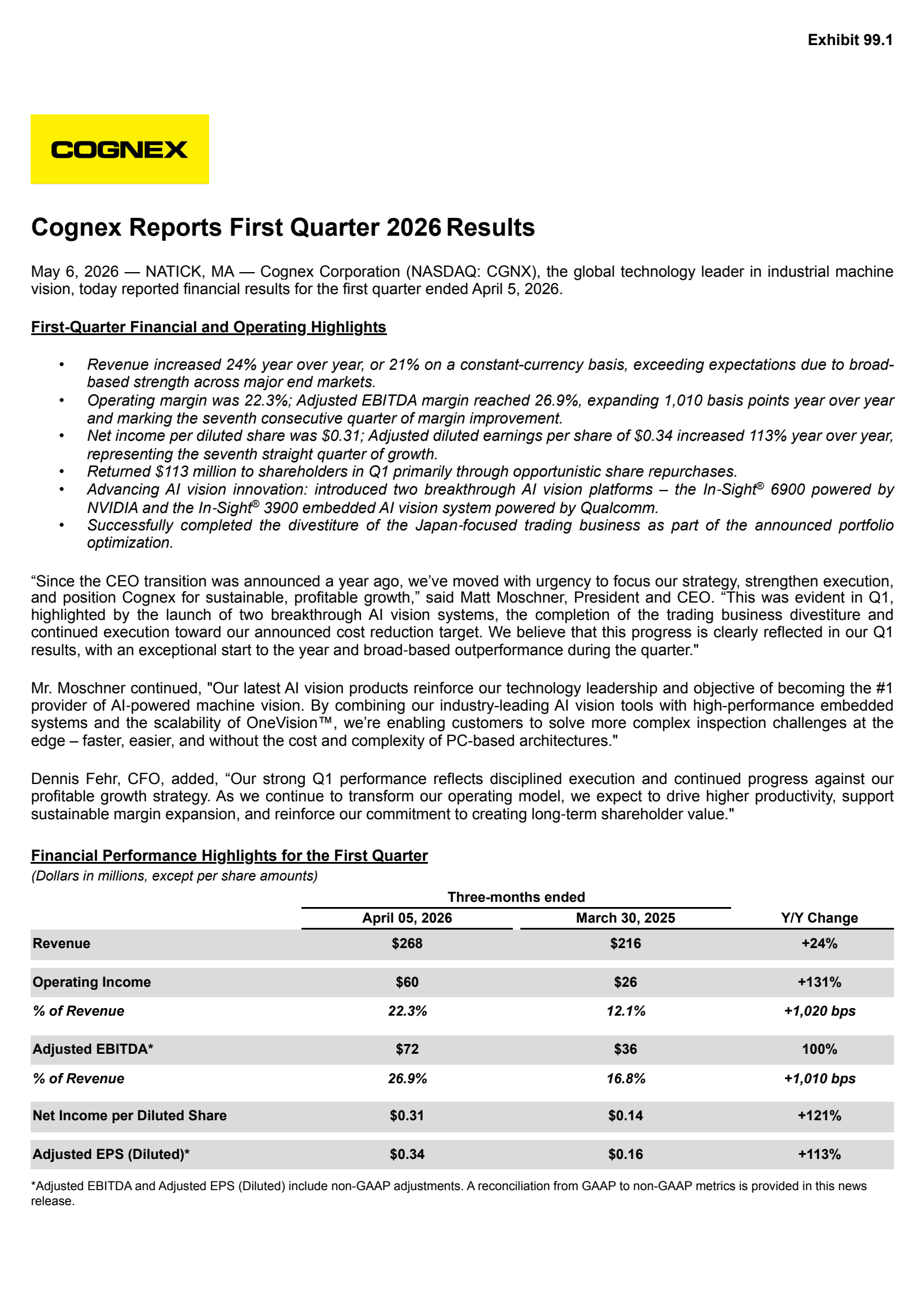 Cognex's Q1 2026 Press Release