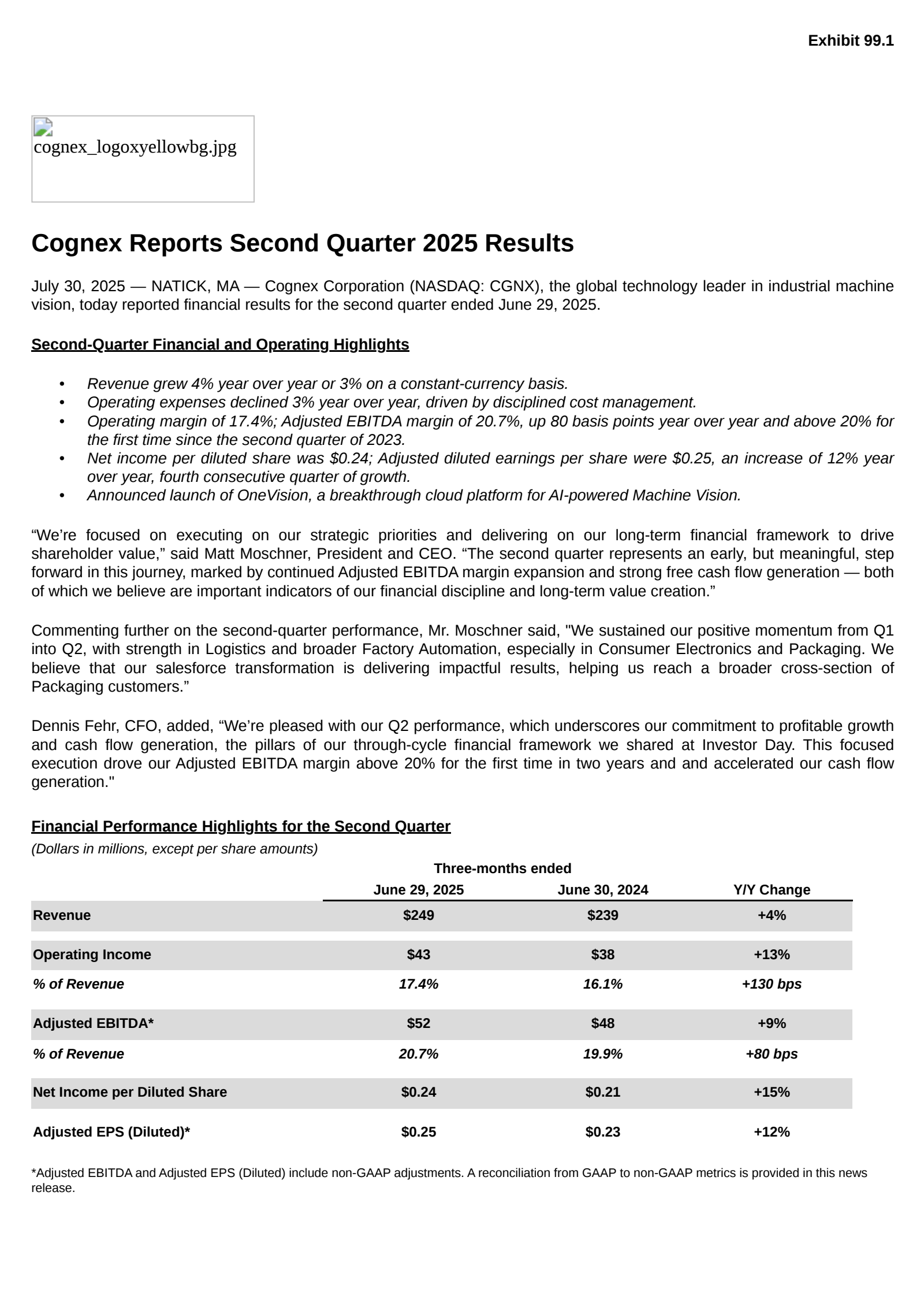 Cognex's Q2 2025 Press Release