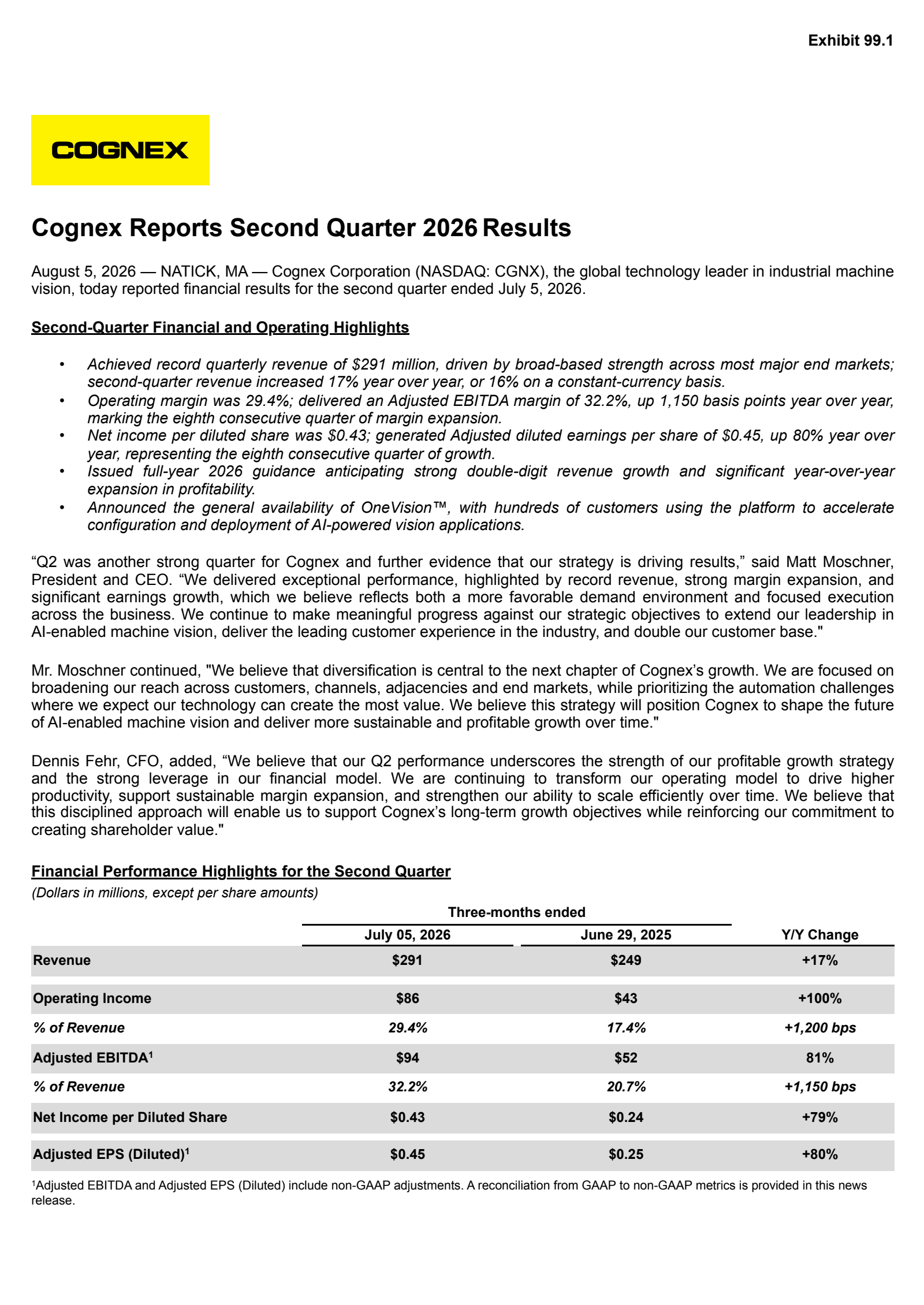 Cognex's Q2 2026 Press Release