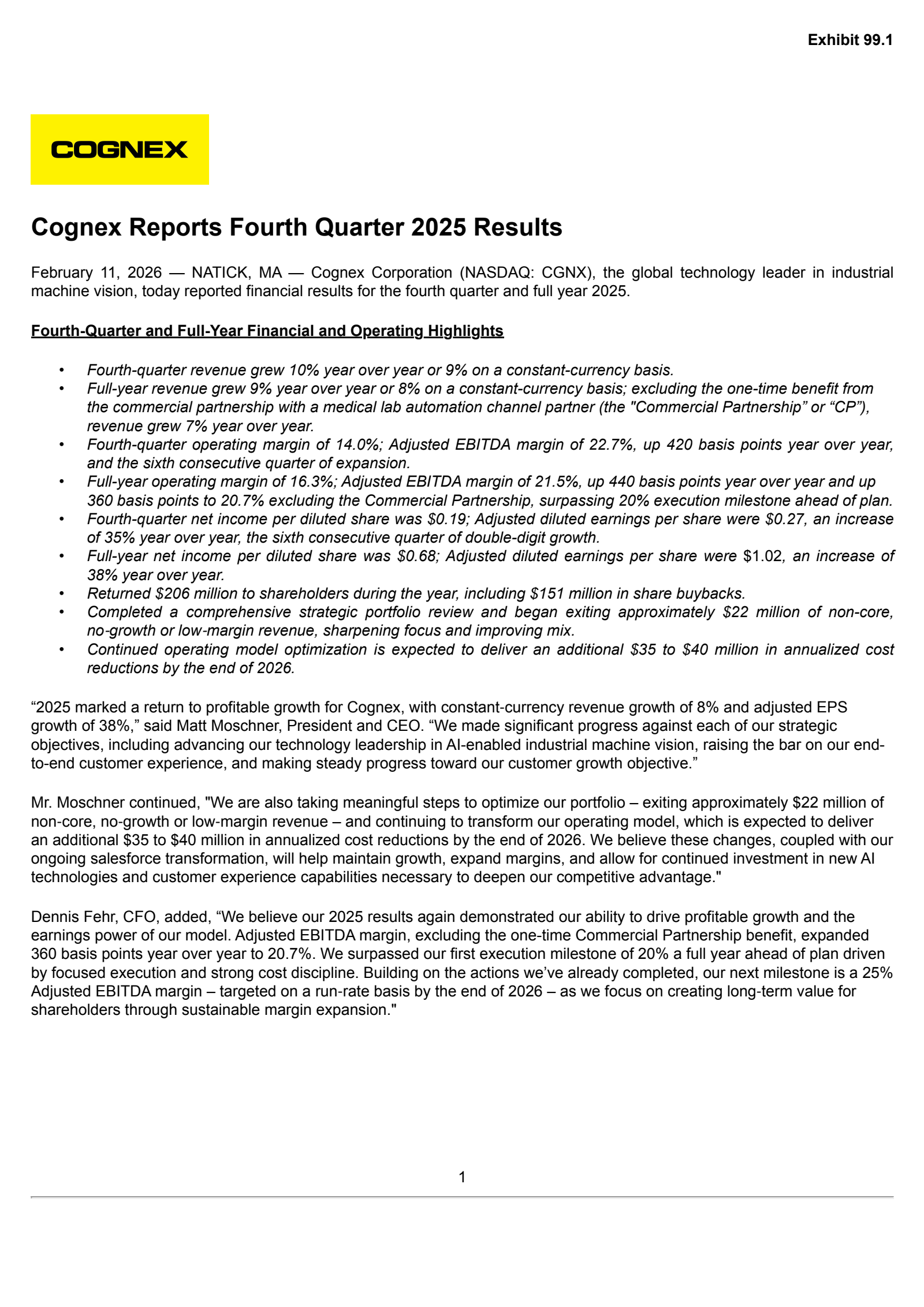 Cognex's Q4 2025 Press Release