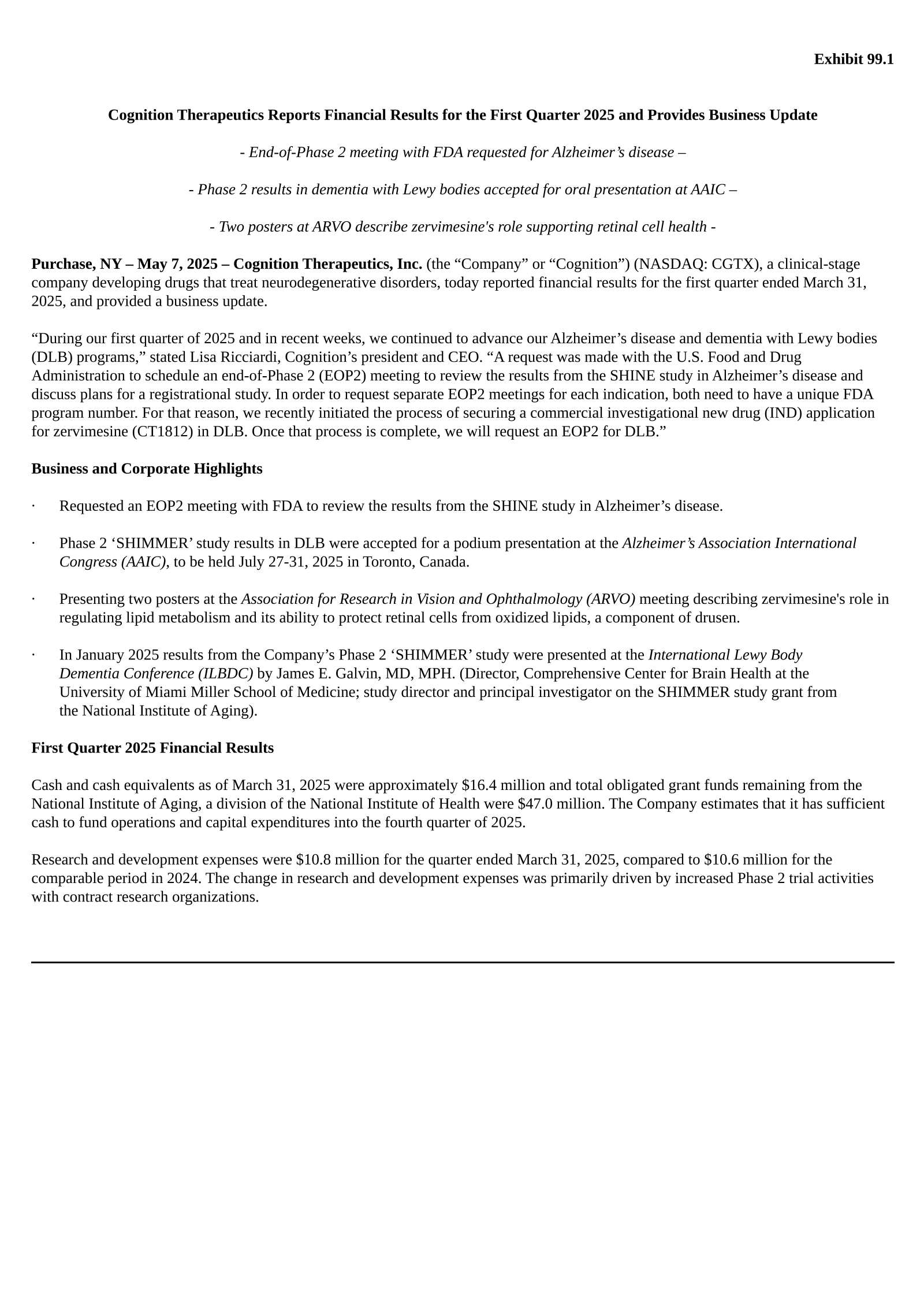 Cognition Therapeutics' Q1 2025 Press Release