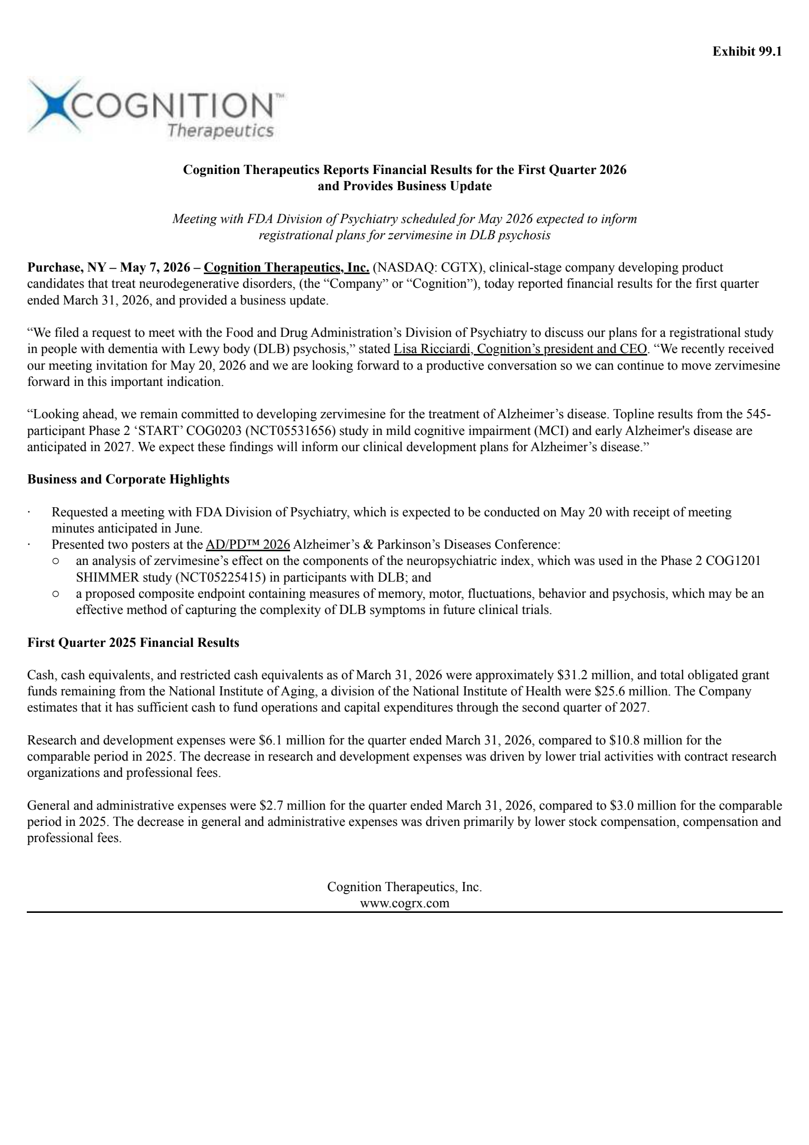 Cognition Therapeutics' Q1 2026 Press Release