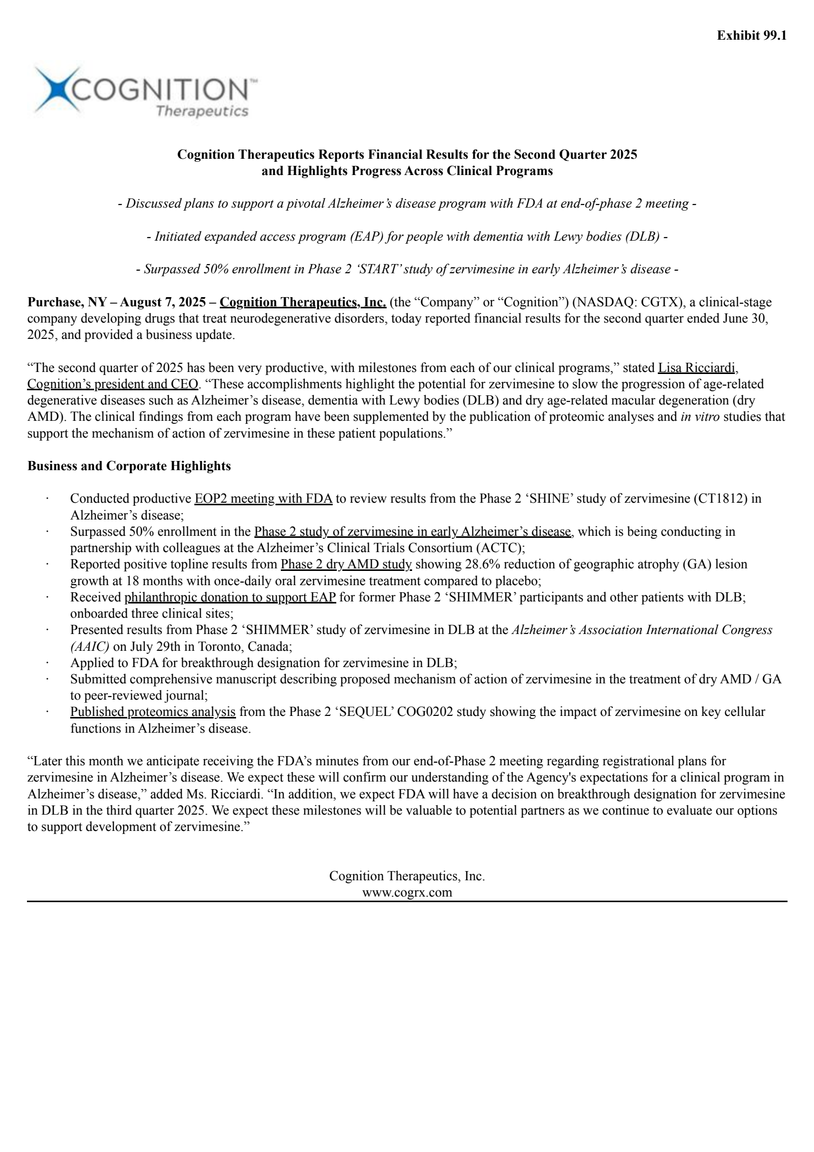Cognition Therapeutics' Q2 2025 Press Release