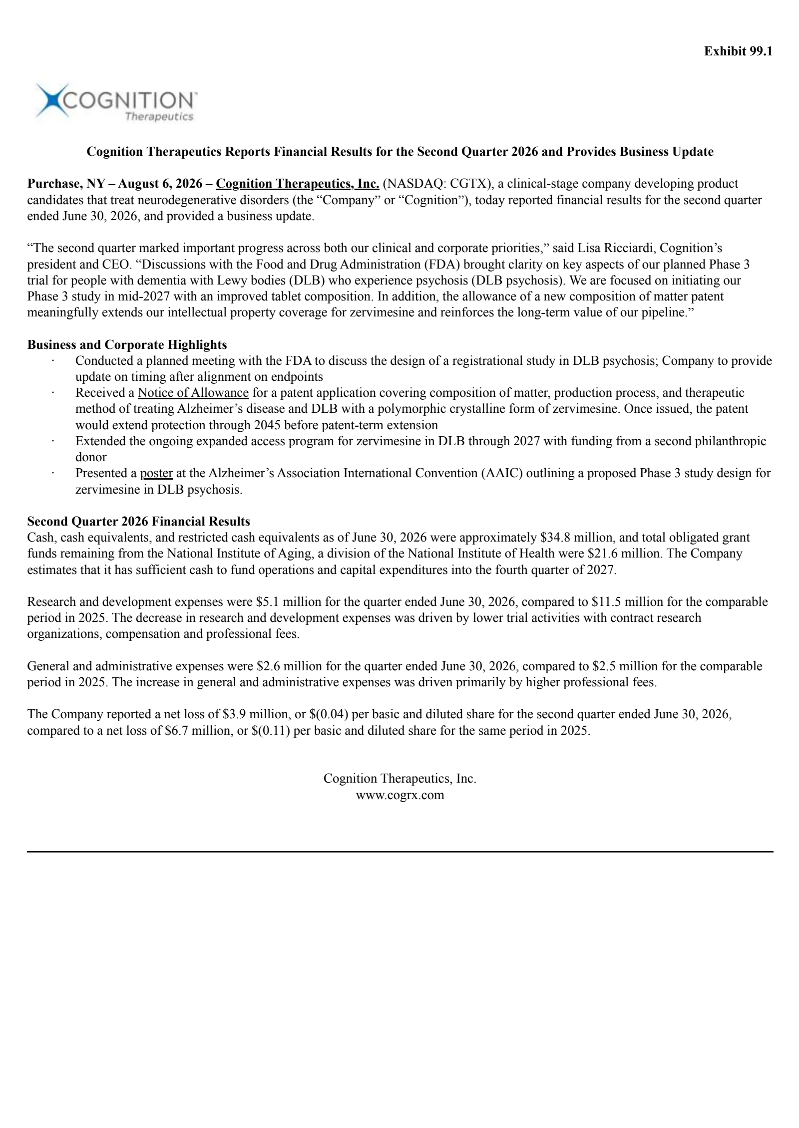 Cognition Therapeutics' Q2 2026 Press Release