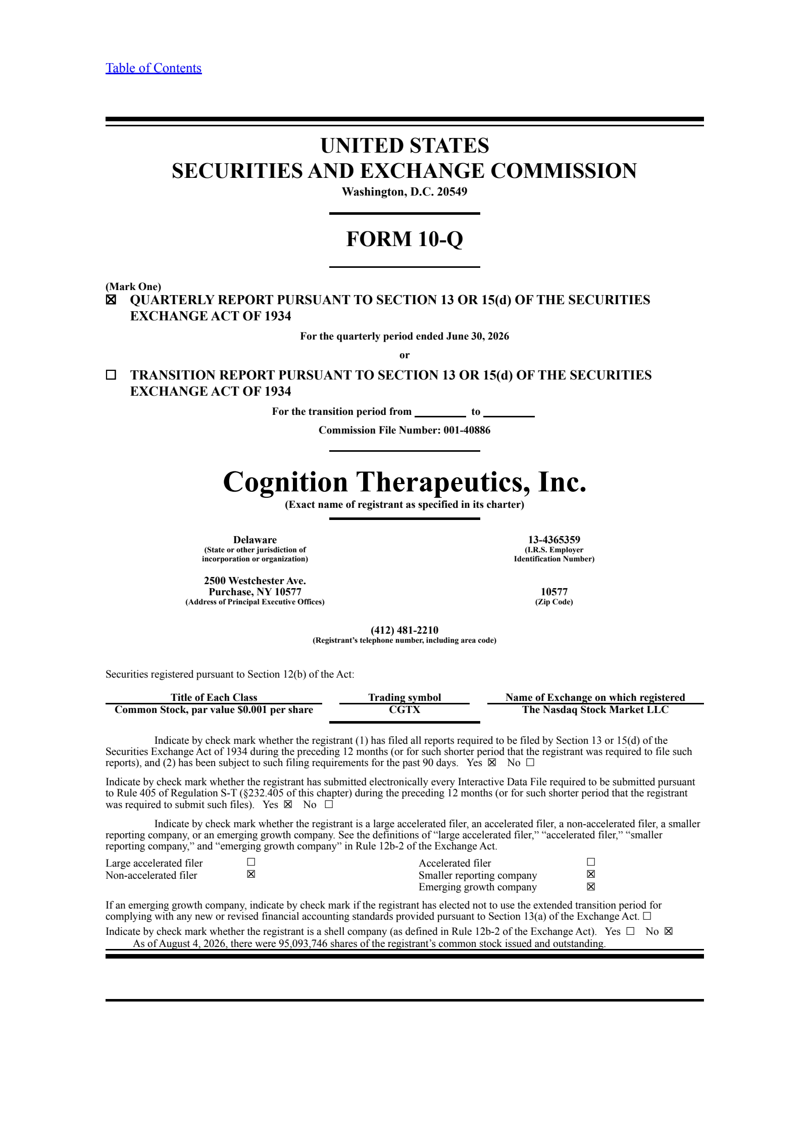 Cognition Therapeutics' Q2 2026 Quarterly report